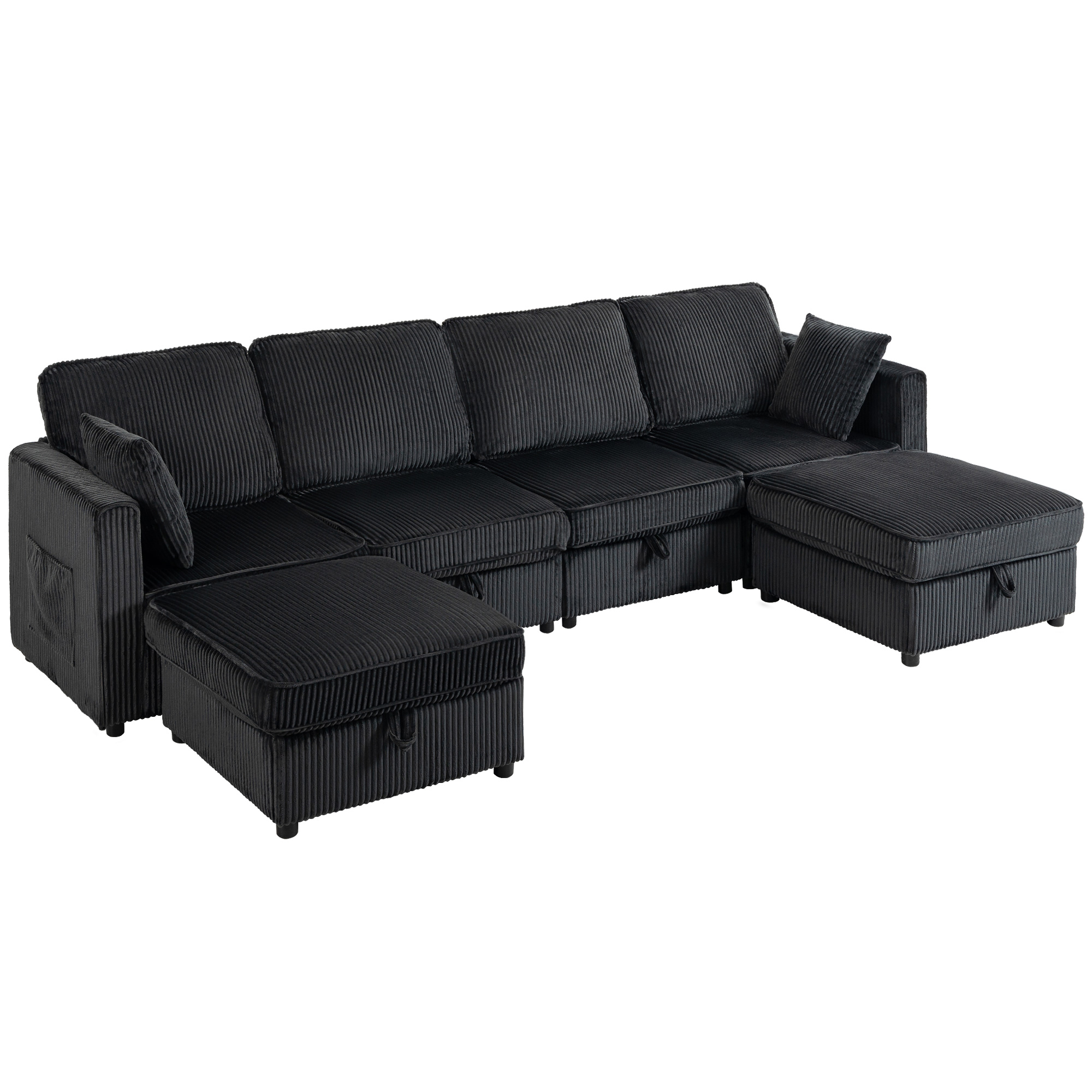 Ecksofa 4-Sitzer U-Form Sofa mit Stauraum-Ottomane, 306 cm Eckcouch mit Cord-Optik, 4 Kissen, für Wohnzimmer