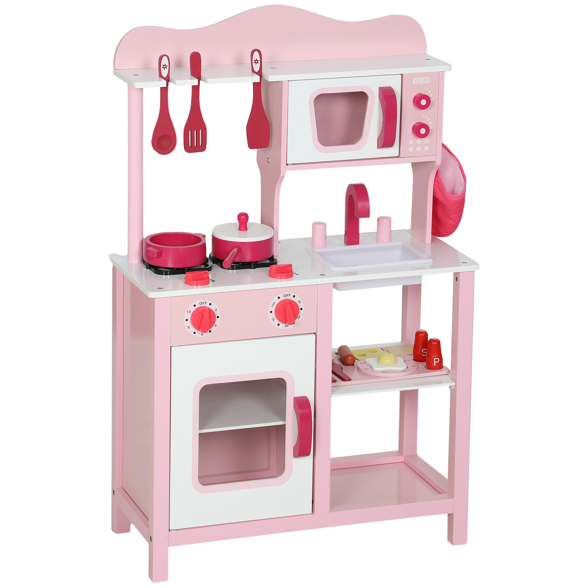 AIYAPLAY Speelkeuken Voor Kinderen Met Magnetron Fornuis Gootsteen Houten Accessoires En Geluidseffecten Roze | Aosom.nl