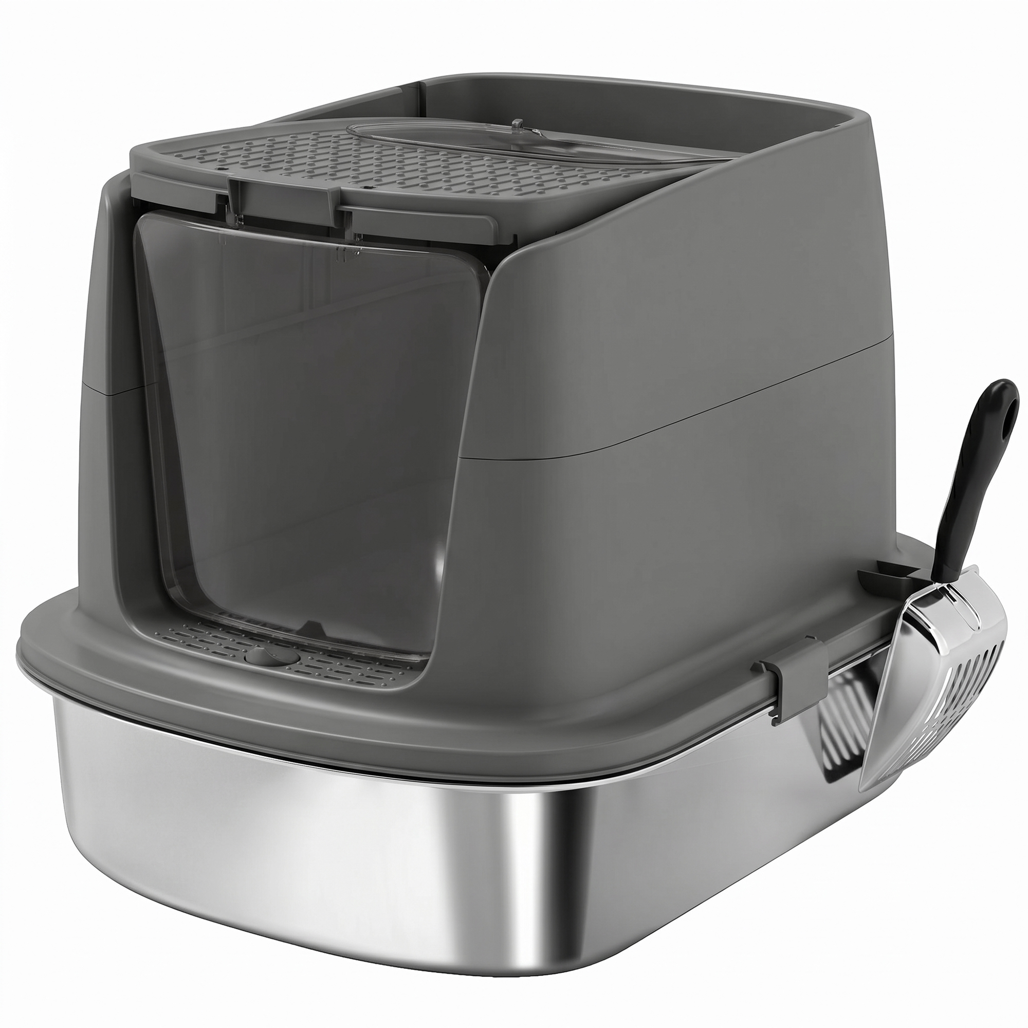 PawHut Large Stainless Steel Litter Box, Enclosed Metal Cat Litter Tray with Scoop, Deodoriser Bag, Front-Entry and Top-Exit (D31-140V00CG)