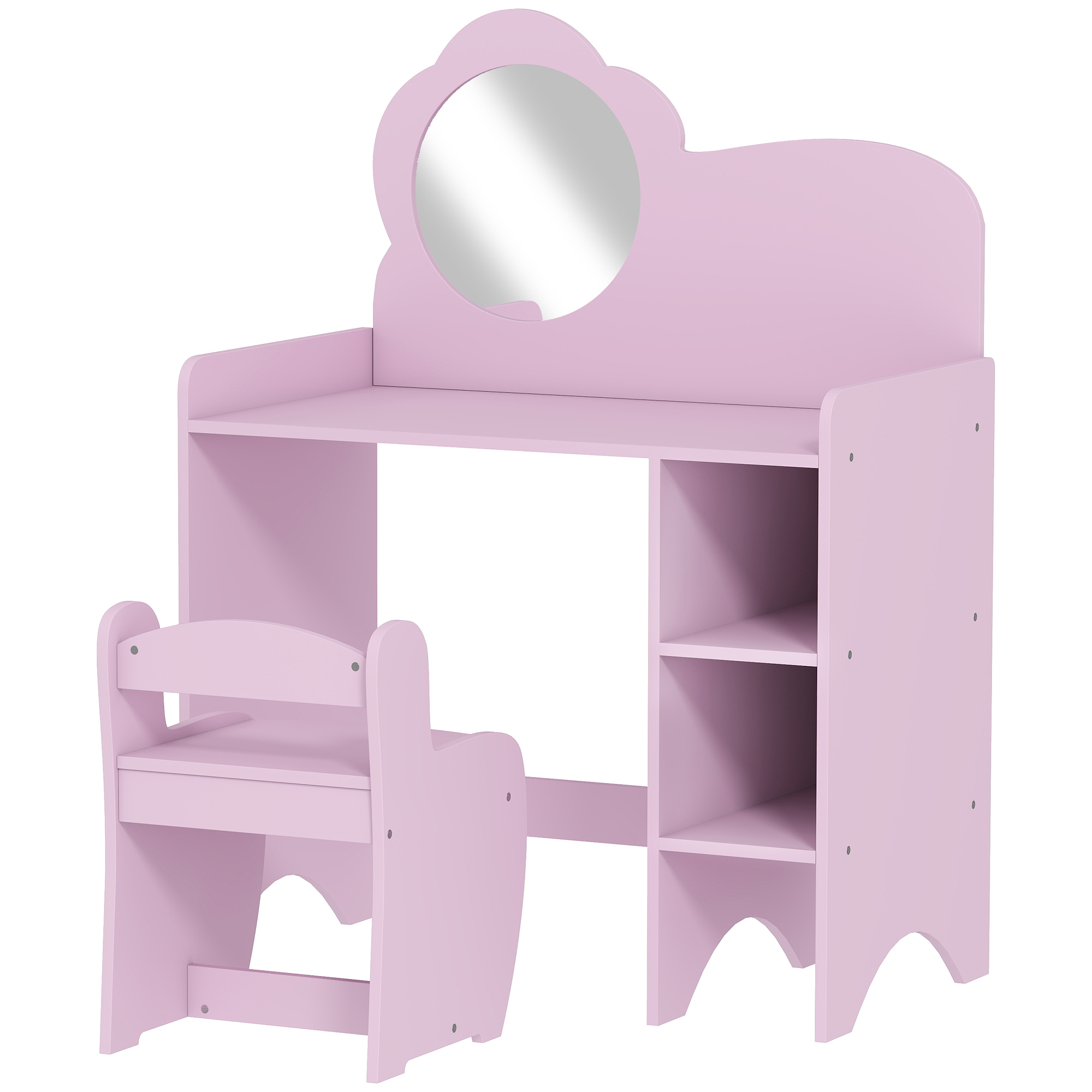 AIYAPLAY Tocador Infantil con Taburete y Espejo en Forma de Flor con Estantes Abiertos para Niños y Niñas de 3-8 Años Morado