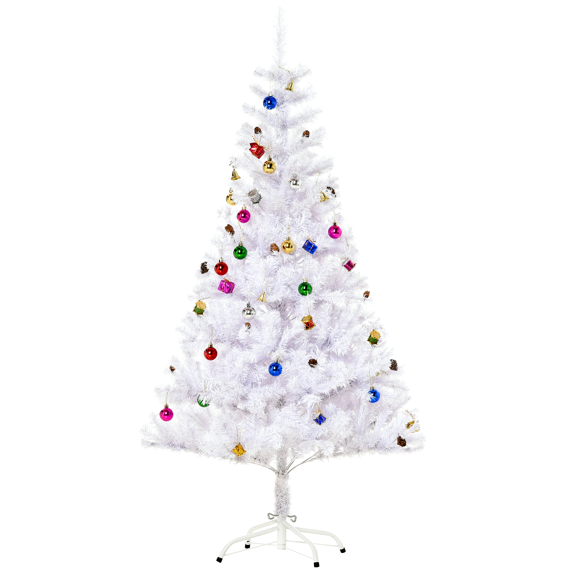 HOMCOM 4.9ft Artificial Christmas Tree Holiday Home Decoration with Xmas Ornaments and Metal Stand, White   Aosom UK