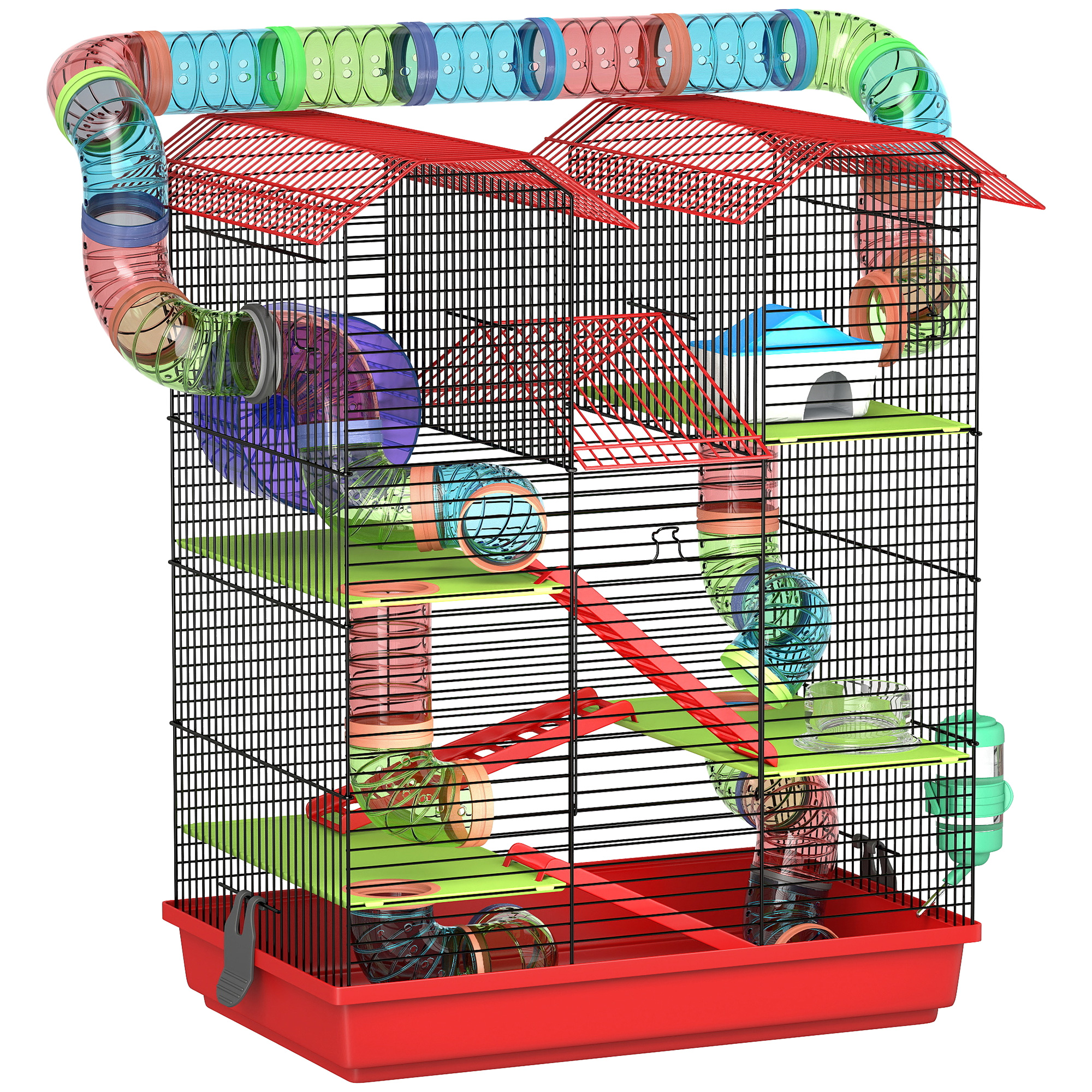 PawHut Jaula para Hámster de 5 Niveles 47x30x59 cm con Túnel Comedero Bebedero Casita Rueda de Ejercicio Escaleras Rojo |Aosom España