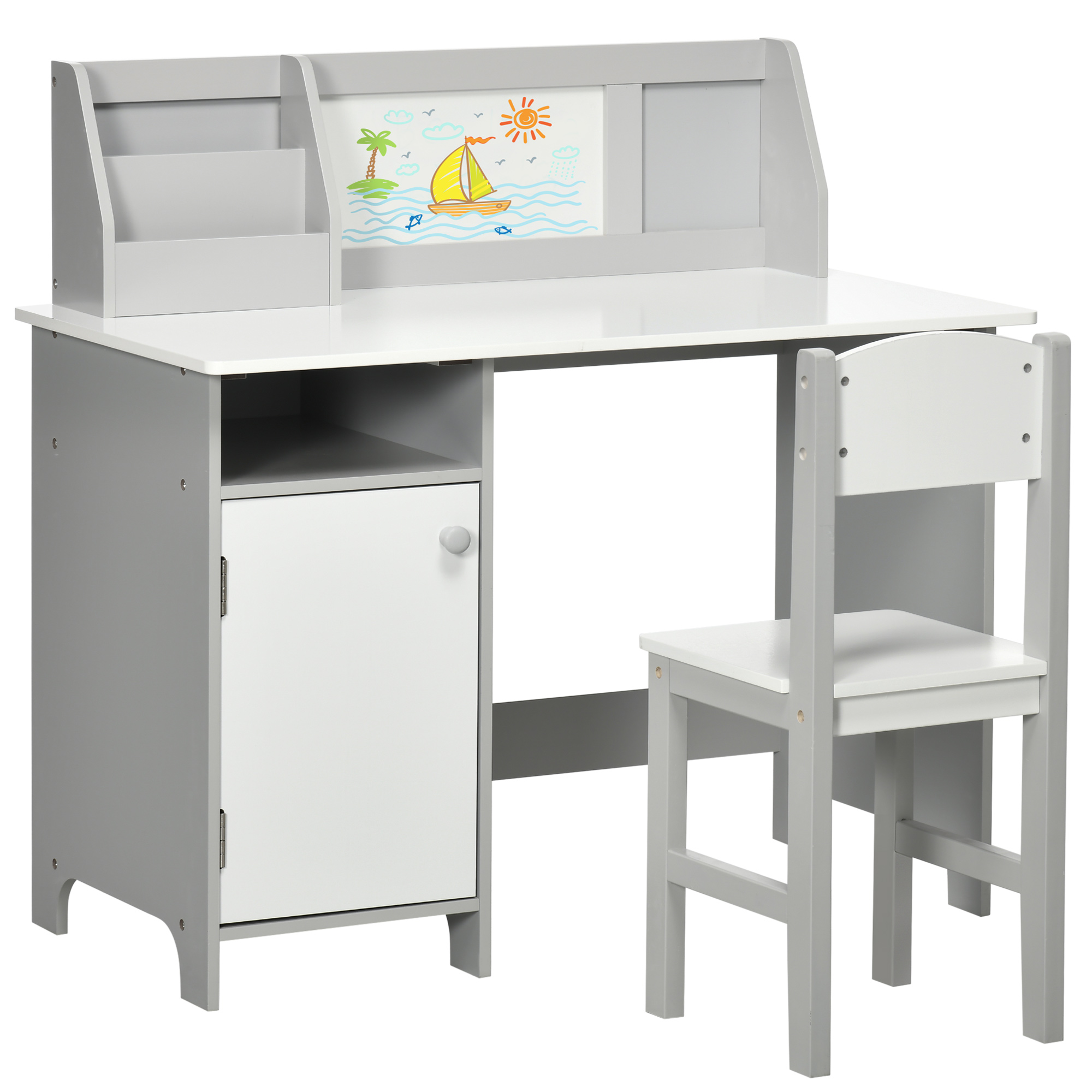 HOMCOM Set masa si scaun pentru copii cu tabla alba - birou pentru copii +5 ani - 90L x 45l x 85H cm Gri | Aosom Romania