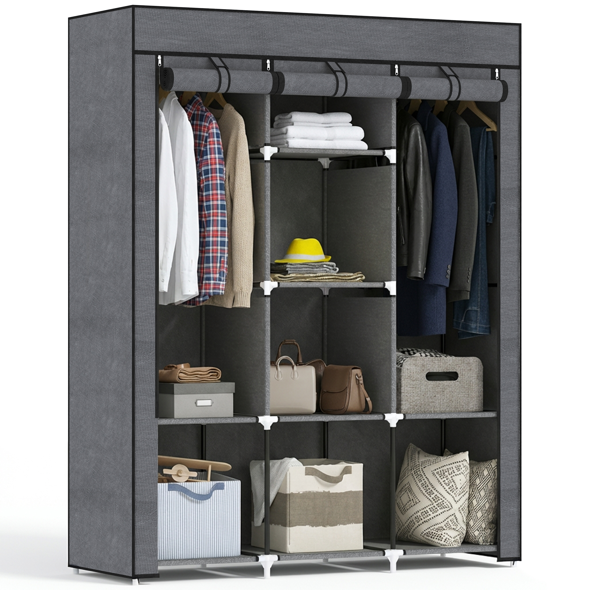 HOMCOM Armoire Dressing Compacte Grise 8 Étagères 2 Tringles Rangement Polyester   Aosom France