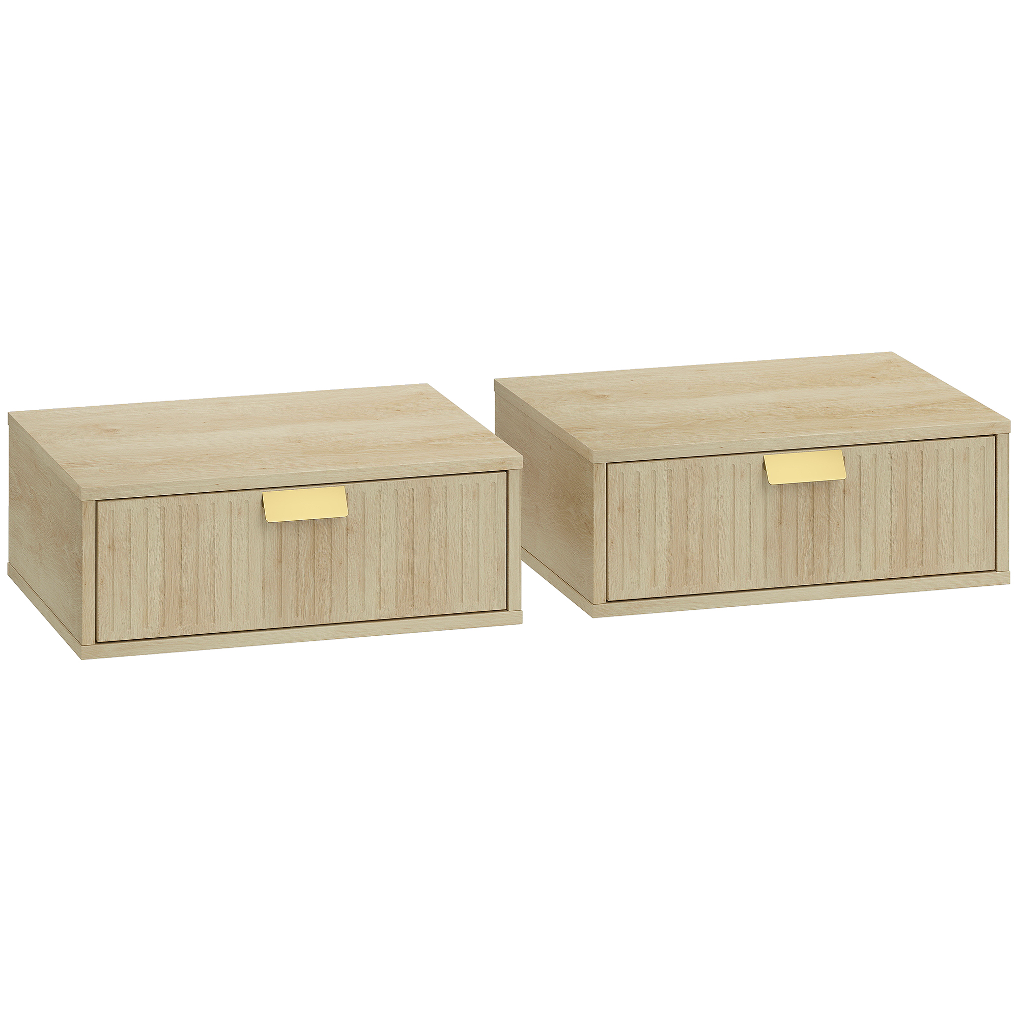Homcom Oak Modern Floating Nightstands Set Of 2, Wall Mounted Bedside Tables With Wave Drawer