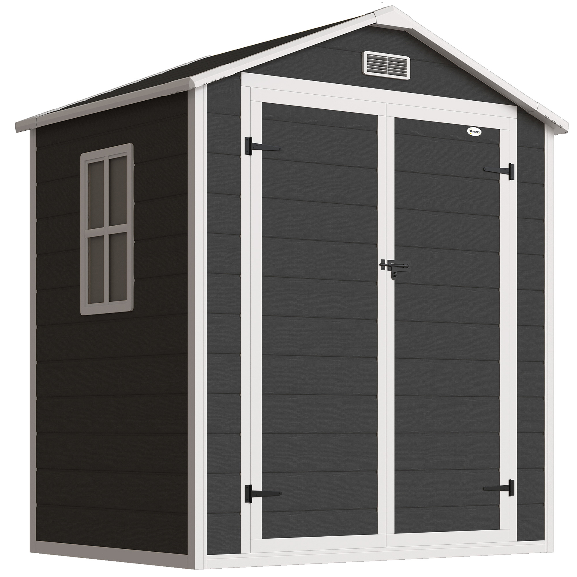 Outsunny 6’x4.5′ Garden Storage Shed, Lockable Garden Shed with Double Doors, Window, Vent and Plastic Roof, Black Outsunny 6’x4.5′ Garden Storage Shed, Lockable Garden Shed with Double Doors, Window, Vent and Plastic Roof, Black