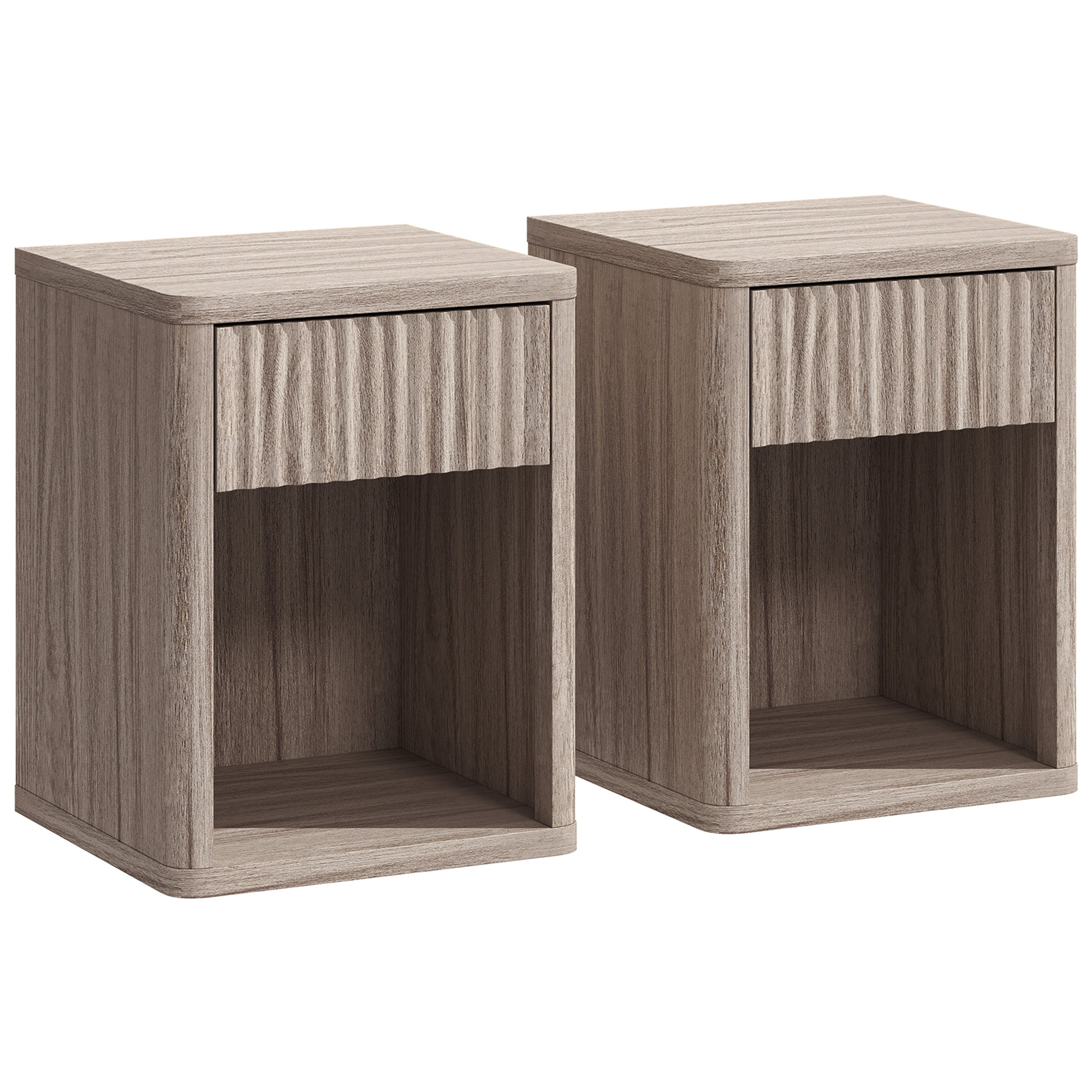Homcom Grey Modern Bedside Table Set Of 2, Bedside Cabinet With Drawer And Open Shelf, Side End Table, Nightstand For Bedroom, Oak