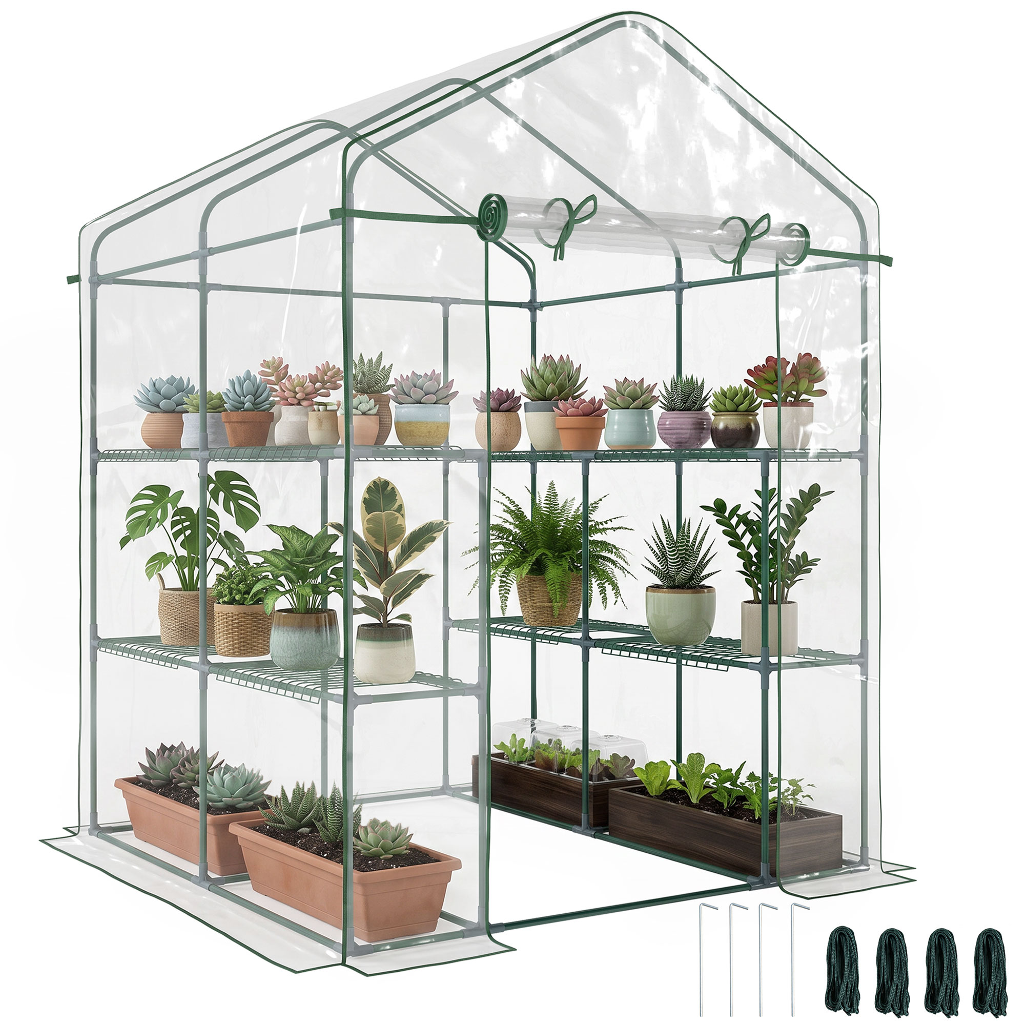 Outsunny 143 x 143 x 195 cm Walk-In Greenhouse 3 Tiers Portable Grow House w/ 8 Shelves, Metal Frame, PVC Film, Transparent