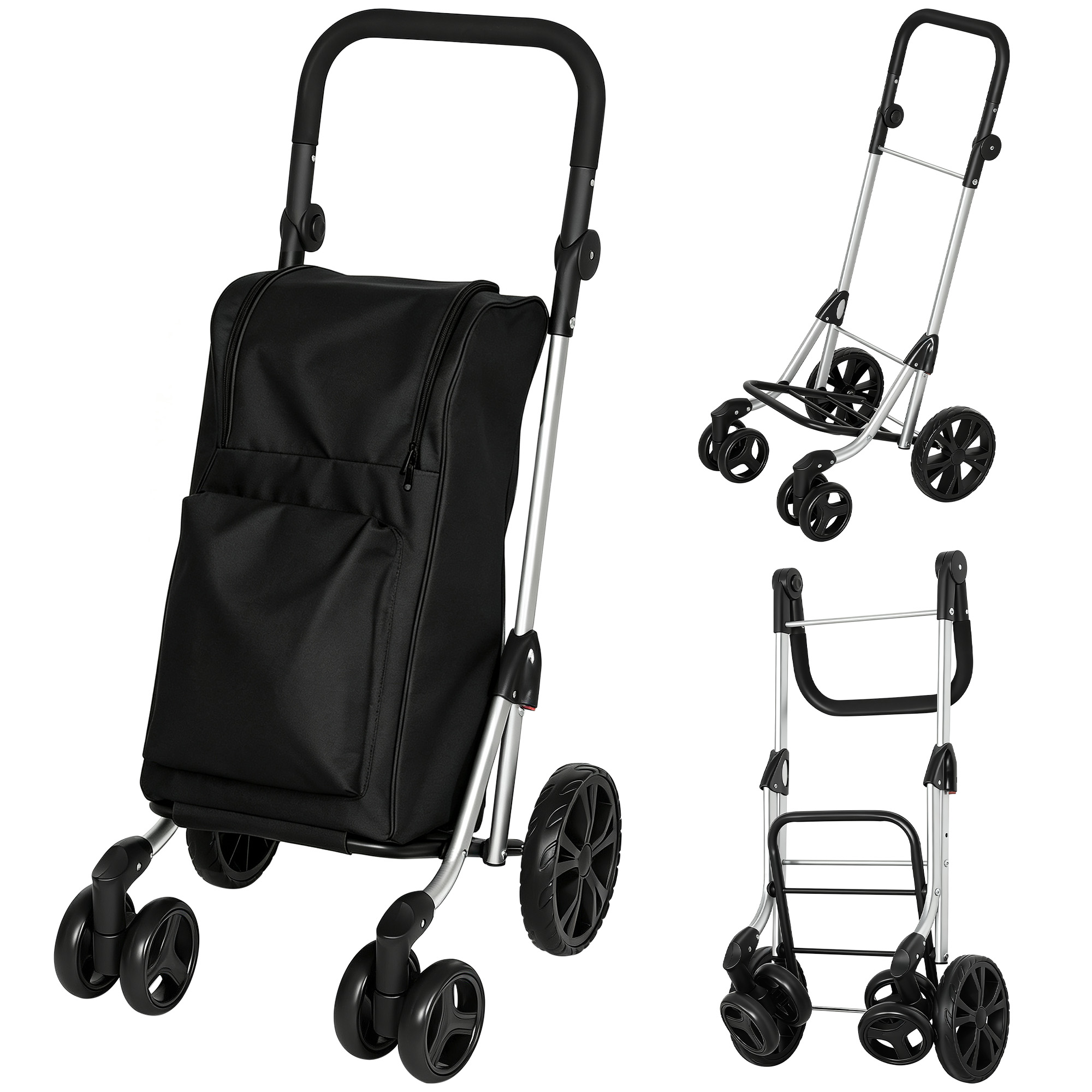 HOMCOM Einkaufstrolley klappbar Einkaufswagen mit Kühlfach, verstellbar Griff, 46L Kapazität, 3in1 Trolley, Sackkarre & Umhängetasche Einkaufsroller mit abnehmbarer Tasche, 6 Rädern Schwarz Aosom