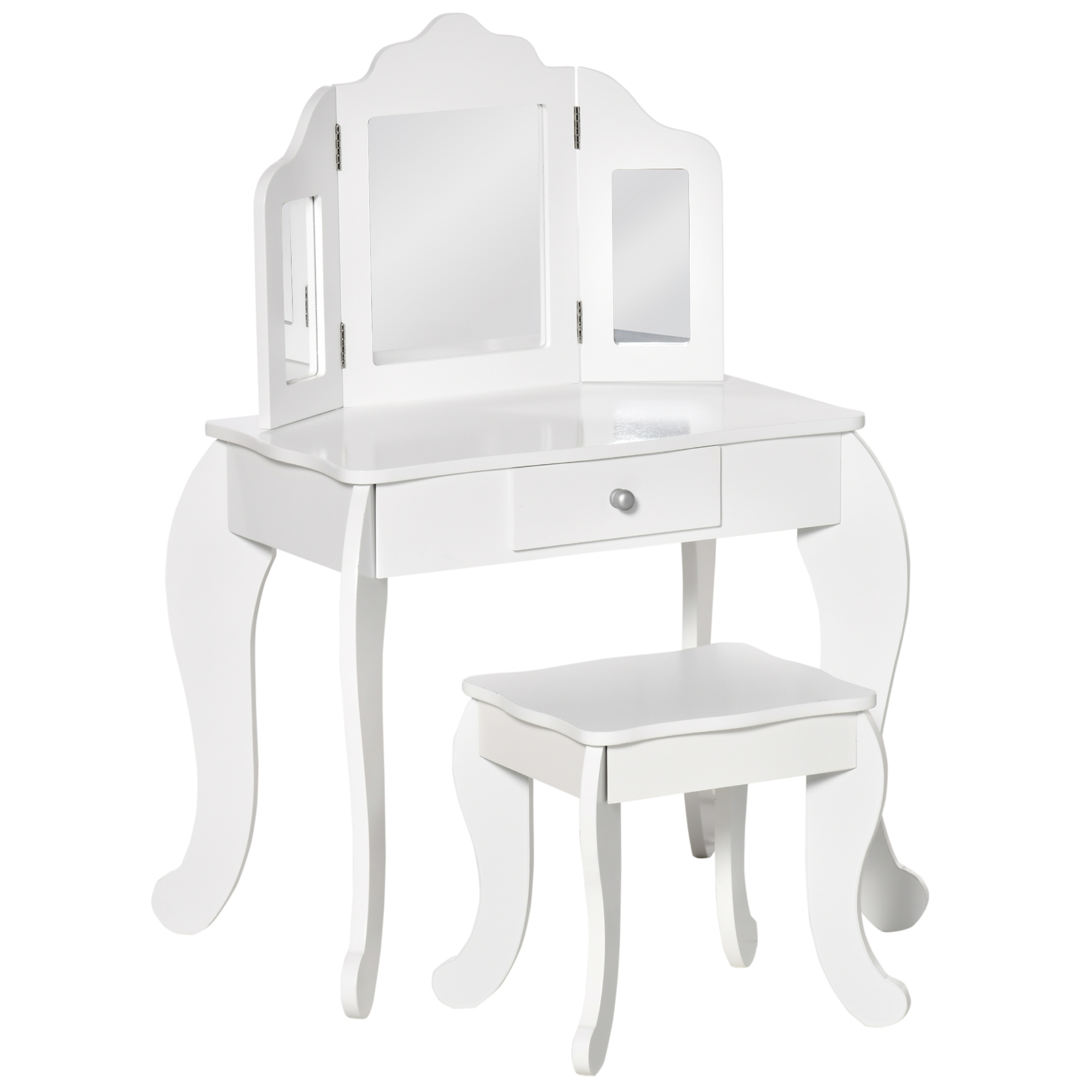 HOMCOM Coafatoare pentru Copii cu Taburet, oglindă triptică și Sertar Culisant - Dimensiuni Coafatoare 63L x 40l x 85,5H cm - Alb Acrilic | Aosom Romania