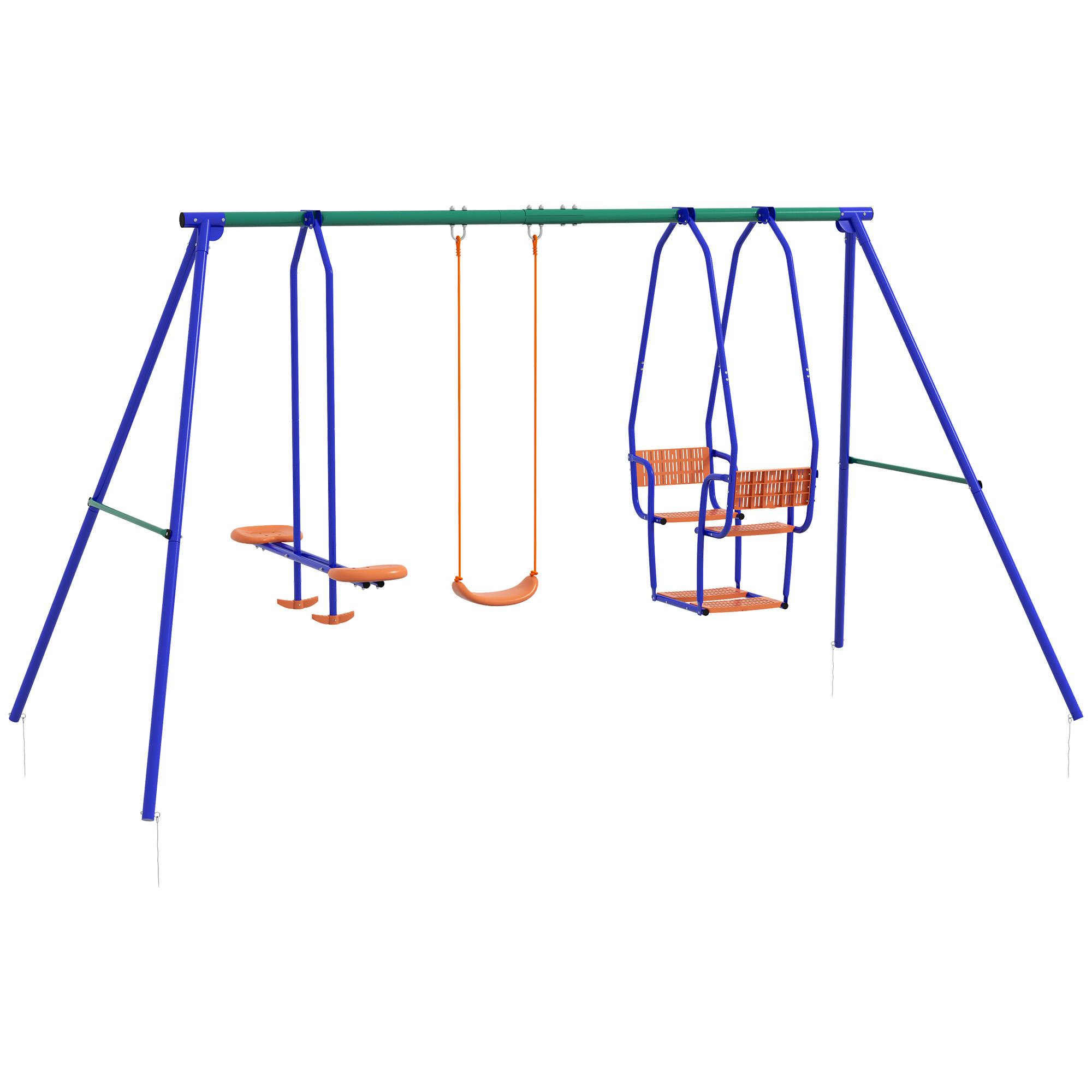 Outsunny Three-In-One Kids Metal Swing Set with Swing, Glider, Rocking Chair Swing, for Ages 3+ years – Orange and Blue Outsunny Three-In-One Kids Metal Swing Set with Swing, Glider, Rocking Chair Swing, for Ages 3+ years – Orange and Blue