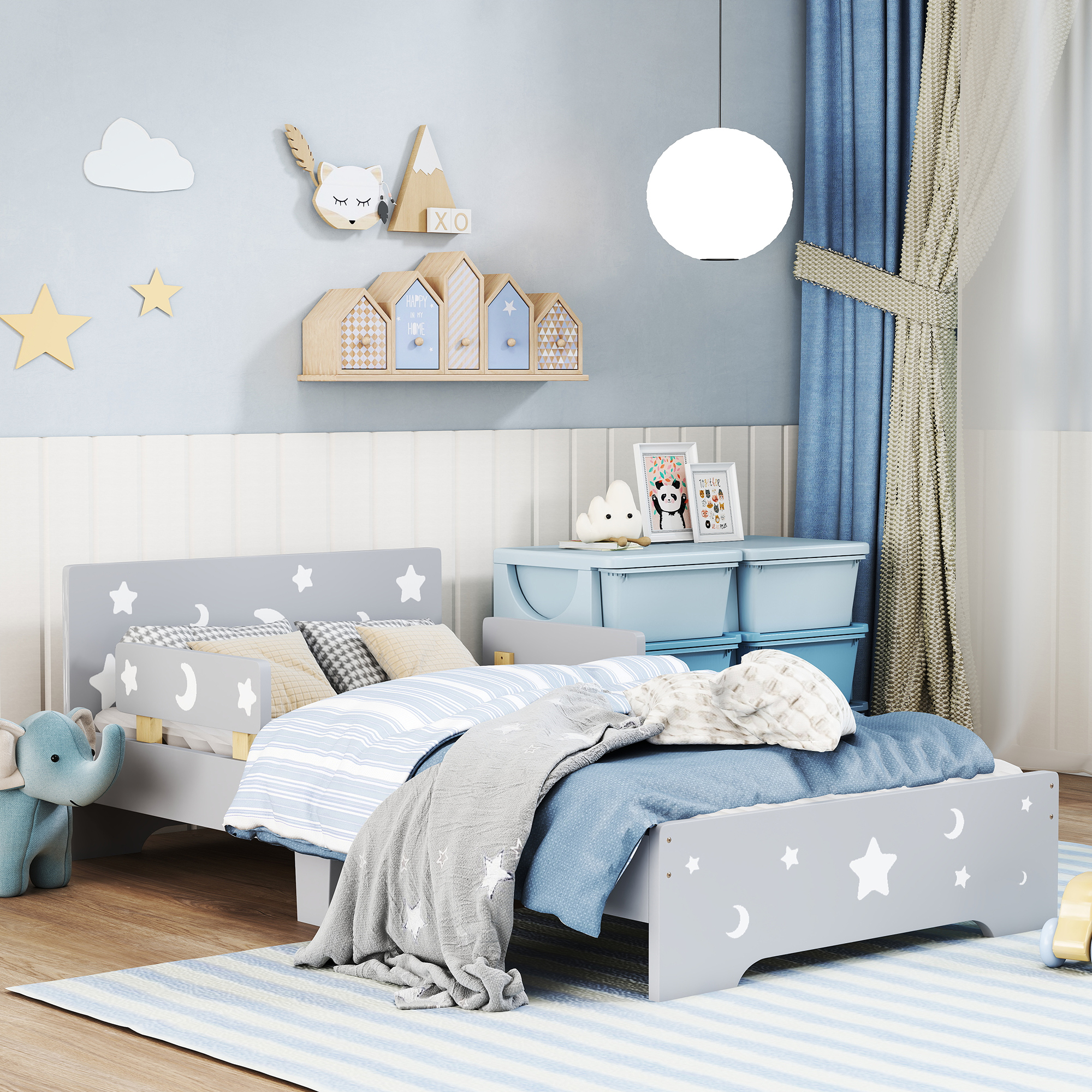 ZONEKIZ Kids Toddler Bed with Star & Moon Patterns, Safety Side Rails Slats, Kids Bedroom Furniture for 3-6 Years Old, Grey, 143 x 76 x 49 cm