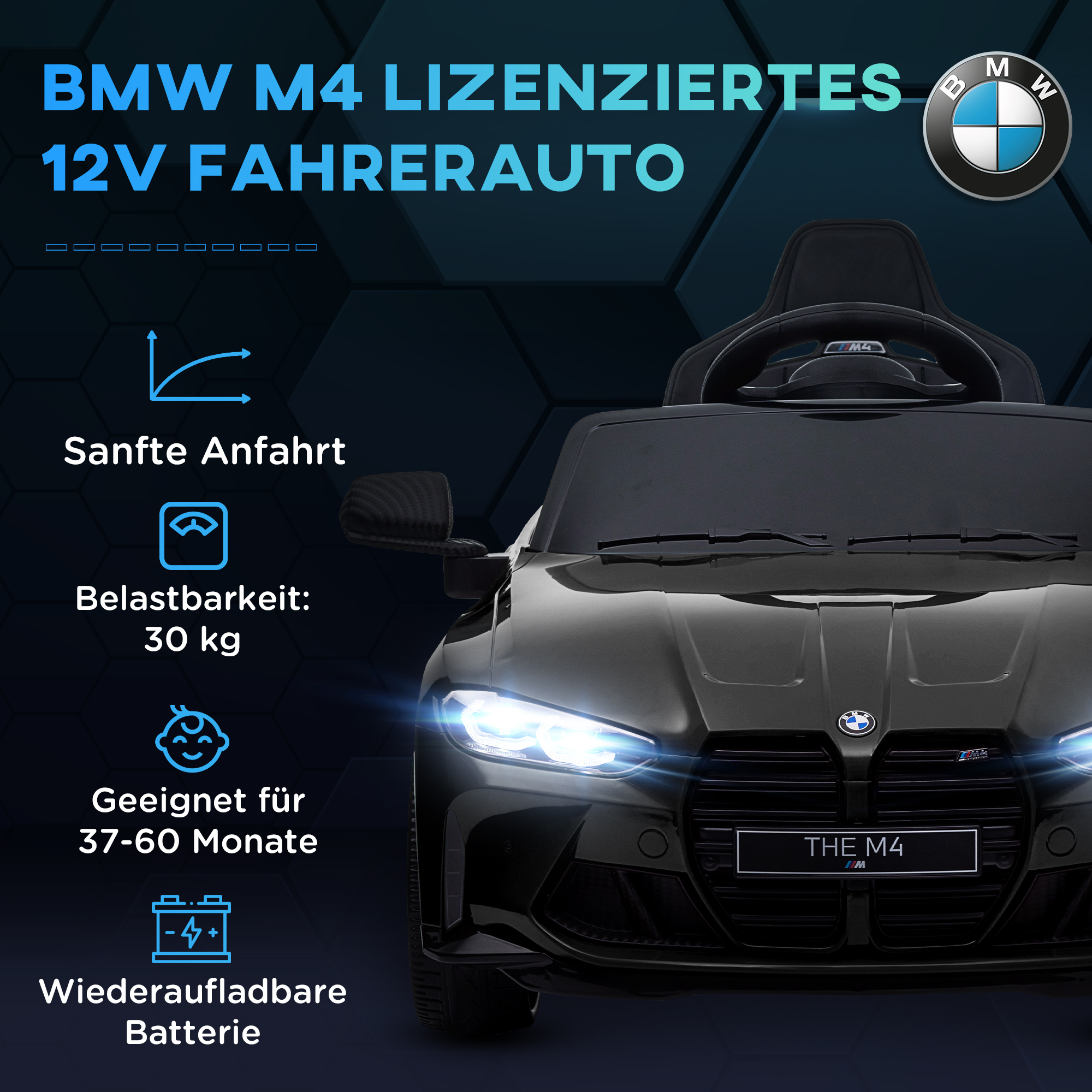 BMW M4 elektriline laste sõiduauto heli ja valgusega, 3-5 km/h, puldiga, vanusele 3-5, must