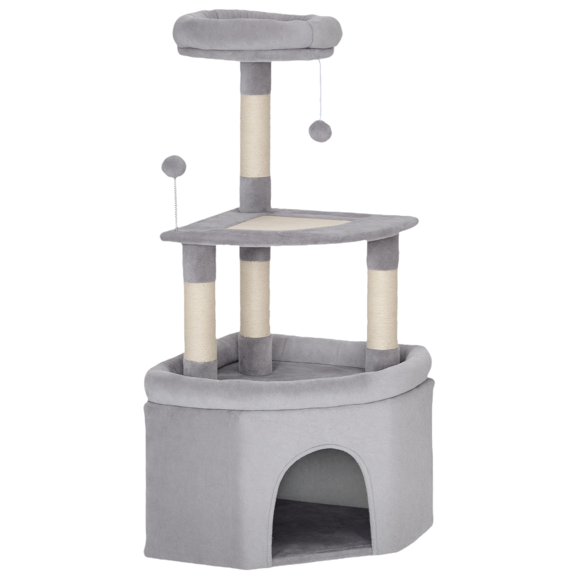 PawHut Arbre à chat tour de jeux pour chats griffoirs sisal, plate-forme, niche, tissu peluche, balles, 49x49x114cm gris clair PawHut Arbre à chat tour de jeux pour chats griffoirs sisal, plate-forme, niche, tissu peluche, balles, 49x49x114cm gris clair