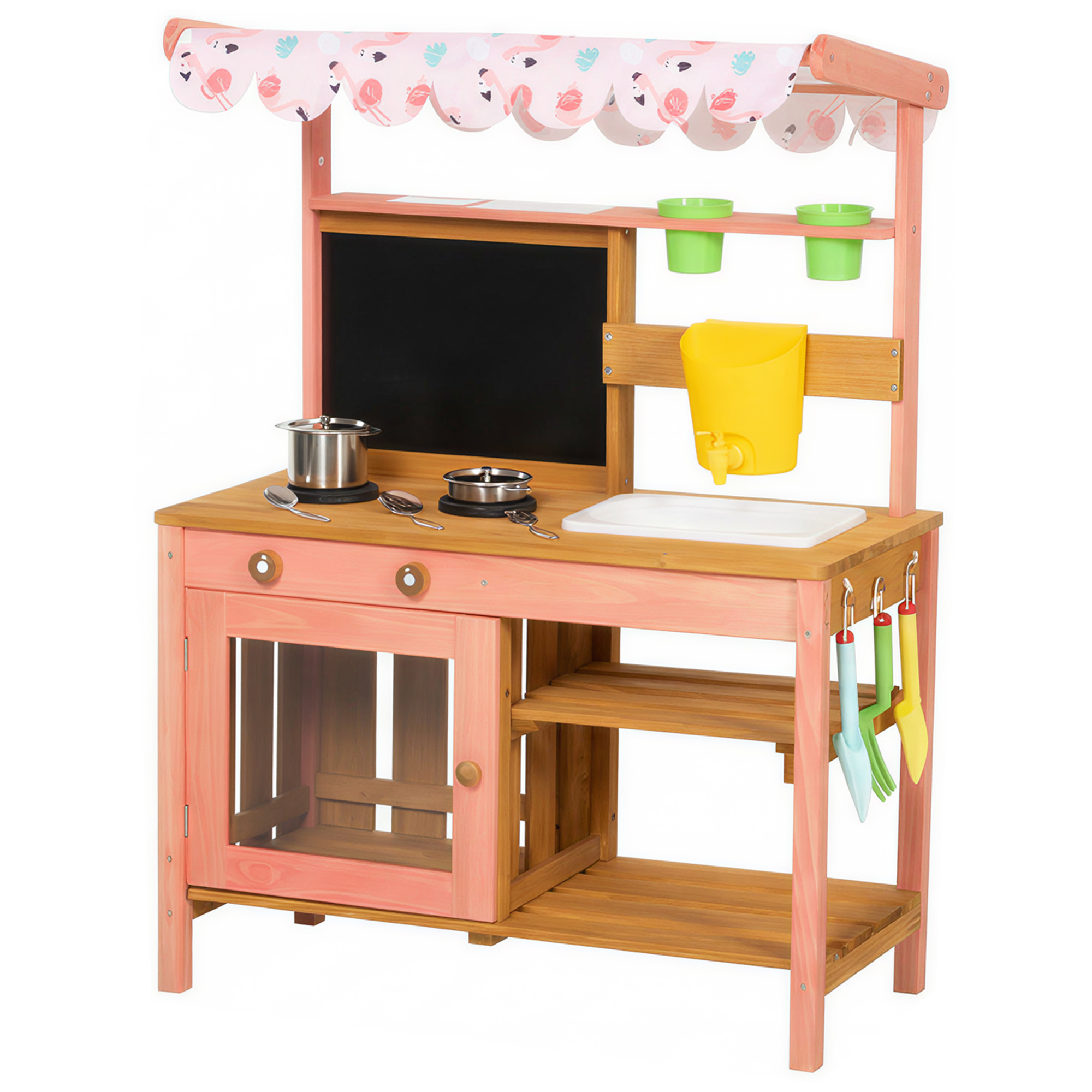 AIYAPLAY Kids Mud Kitchen with Canopy, Outdoor Wooden Play Kitchen with Planter Box, Accessories for Age 3-6, Pink AIYAPLAY Kids Mud Kitchen with Canopy, Outdoor Wooden Play Kitchen with Planter Box, Accessories for Age 3-6, Pink