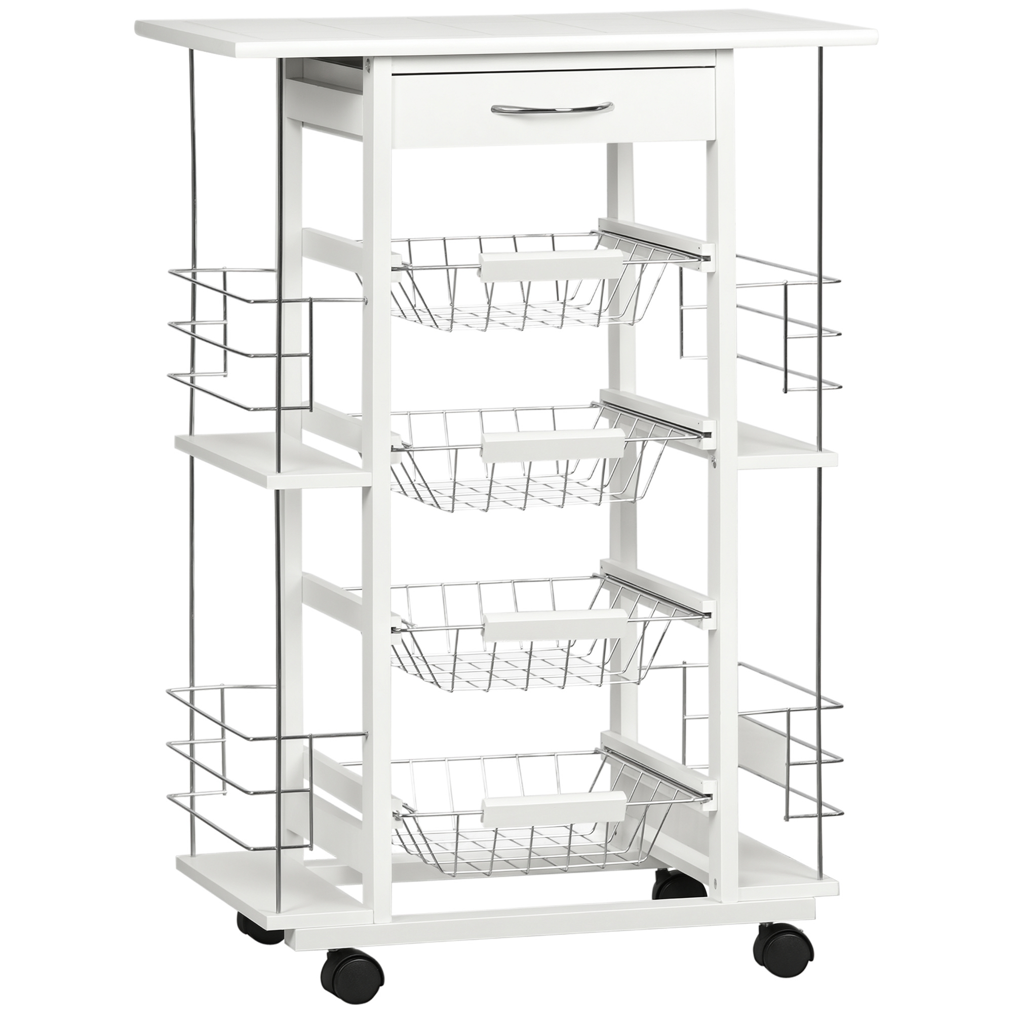 HOMCOM Desserte cuisine chariot à roulettes multi-rangements 4 paniers métal tiroir + 4 range-bouteilles bois pin plateau carrelé blanc HOMCOM Desserte cuisine chariot à roulettes multi-rangements 4 paniers métal tiroir + 4 range-bouteilles bois pin plateau carrelé blanc