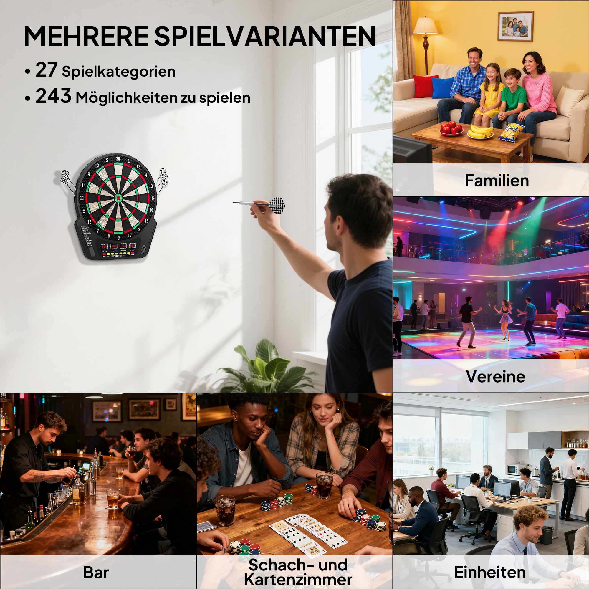 Elektrooniline noolemängukomplekt LED-ekraaniga, automaatse punktiarvestusega, heliefektidega, 6 noolemängu, 24 noolepeaga, 27 mänguga ja 243 punktiarvestusvõimalusega 16 mängijale, 44 x 51,5 cm