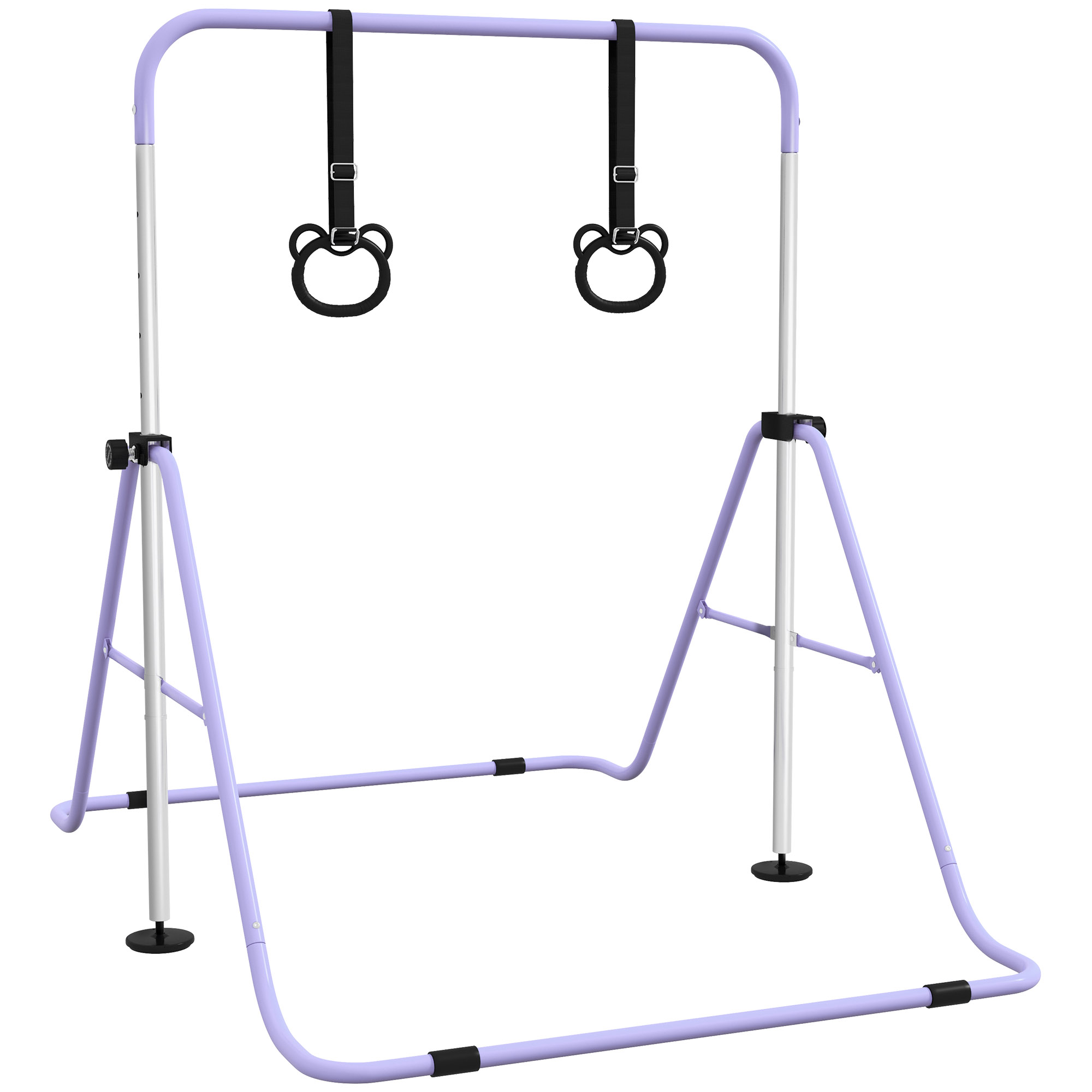 HOMCOM Barra de Gimnasia para Niños Altura Ajustable en 5 Niveles y Anillos Entrenamiento de Gimnasia Plegable en Casa Púrpura