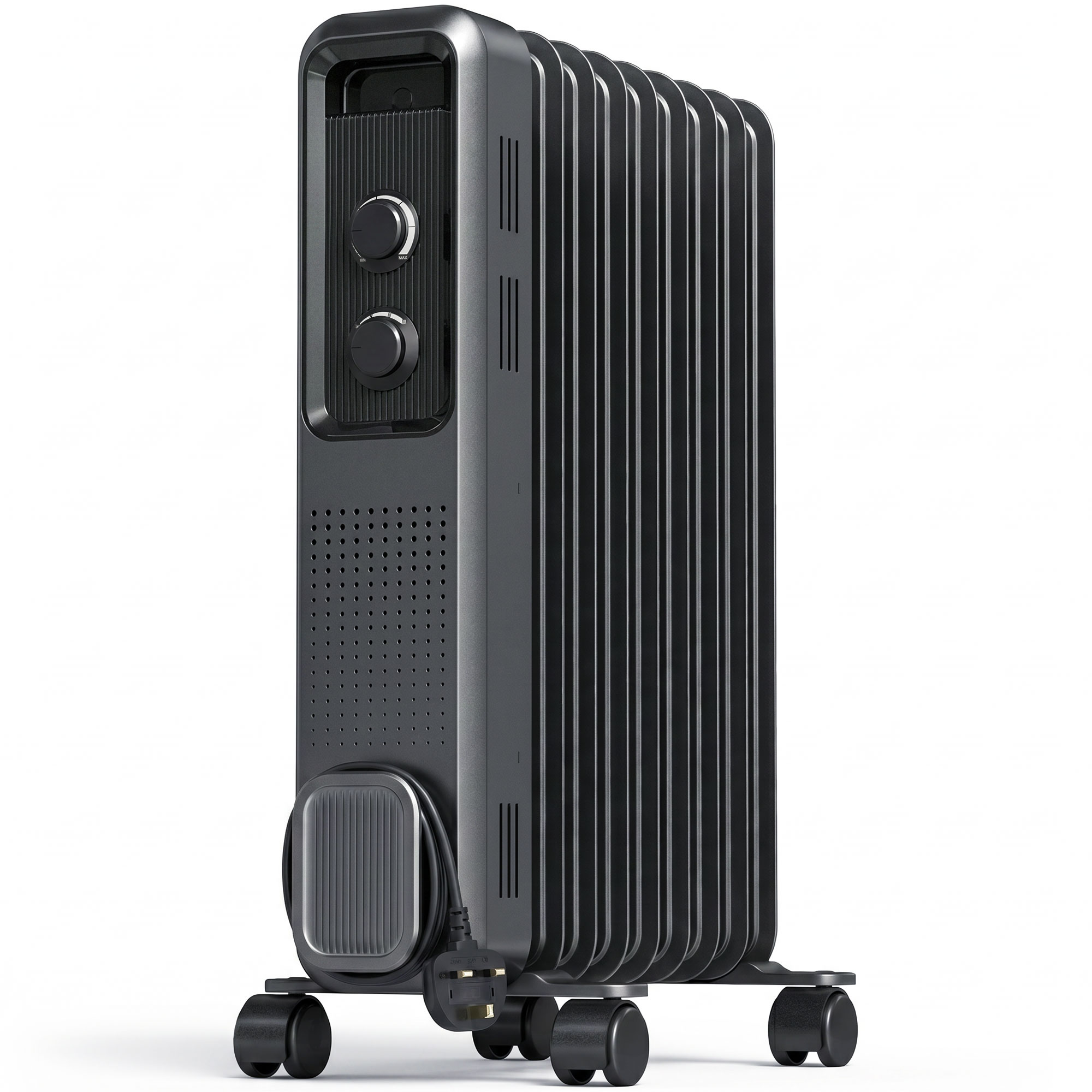 HOMCOM 2000W Oil Filled Radiator, 9 Fin, Portable Electric Heater with 3 Heat Settings, Safety Cut-Off and Wheels, Grey