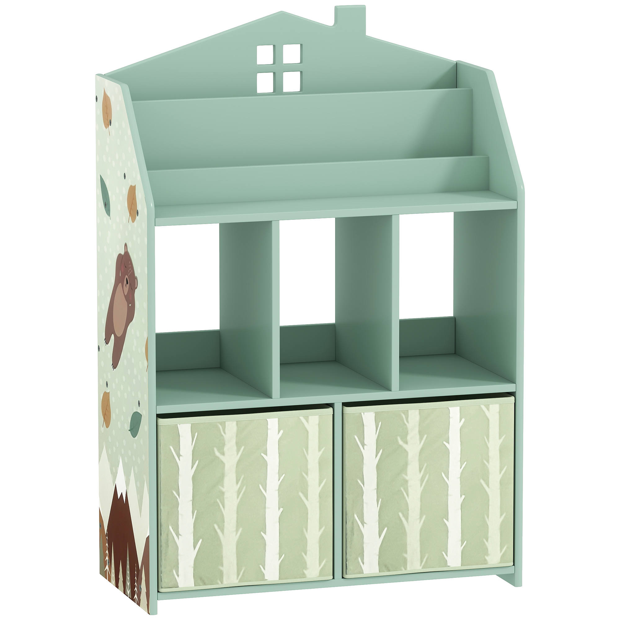AIYAPLAY Kinderrek Boekenrek voor kinderen met 2 stoffen lades, open rek voor 3-8 jaar 62,5x30x91,5 cm Groen