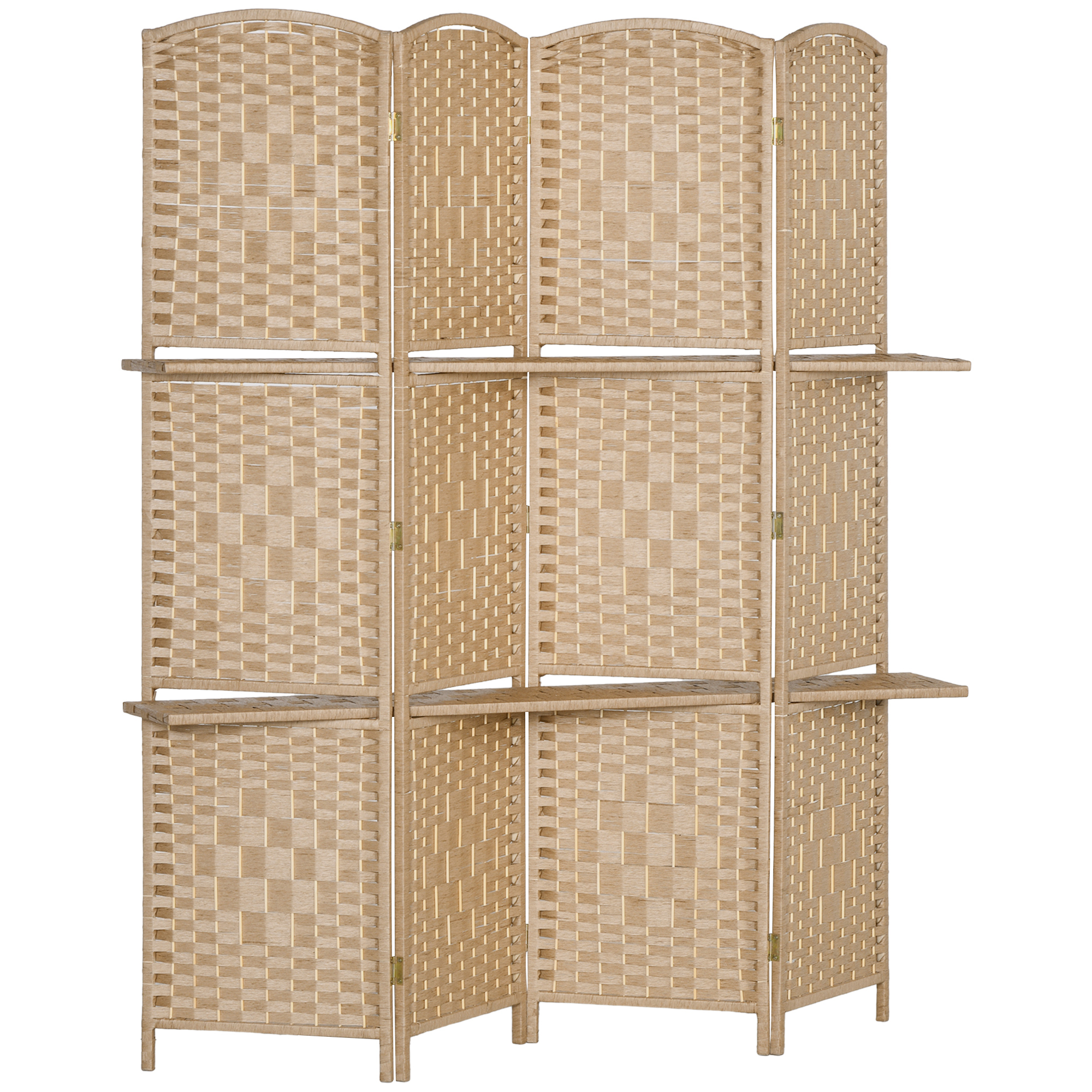 4-teiliger Paravent, 160 x 170 cm, faltbare Trennwand mit 2 Regalen, Naturholz