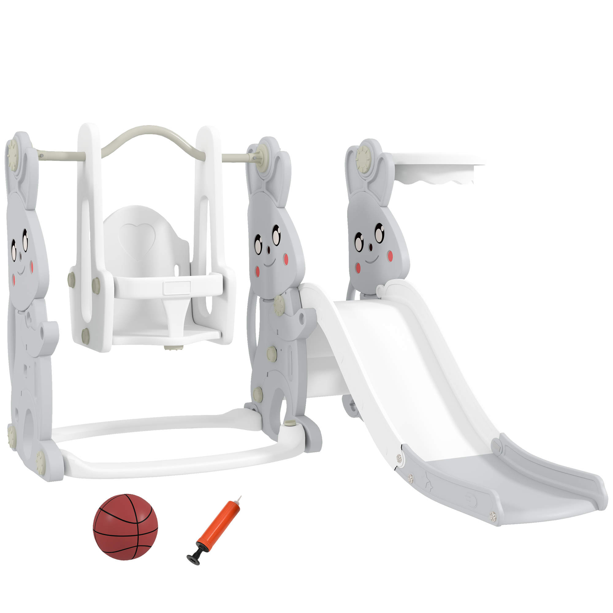 4-in-1 Spielset für Kleinkinder, Rutsche, Schaukel, Klettergerüst, Basketballkorb, Kunststoff, Hasendesign, Grau