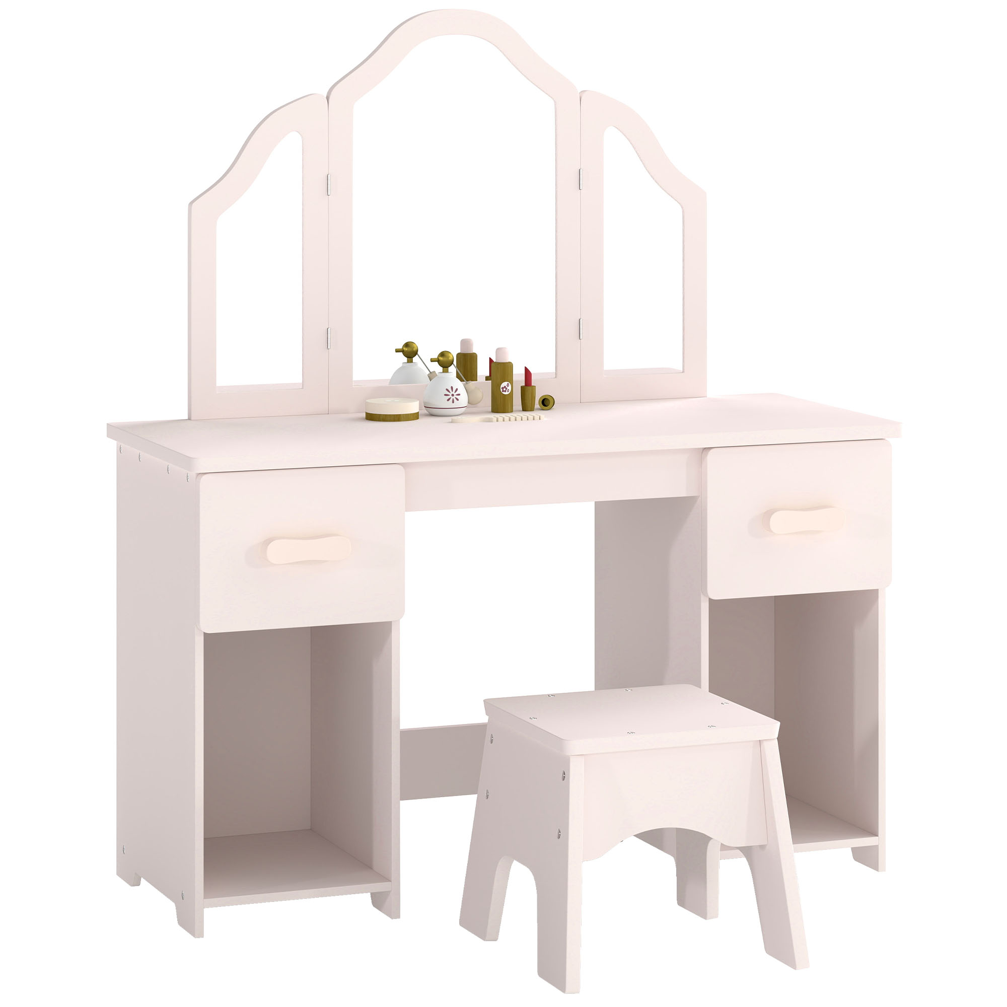 Schminktisch Kinder, 2 in 1 Kinderschminktisch Schreibtisch mit Hocker 2 Schubladen 2 Schränken abnehmbarem Spiegel Rosa