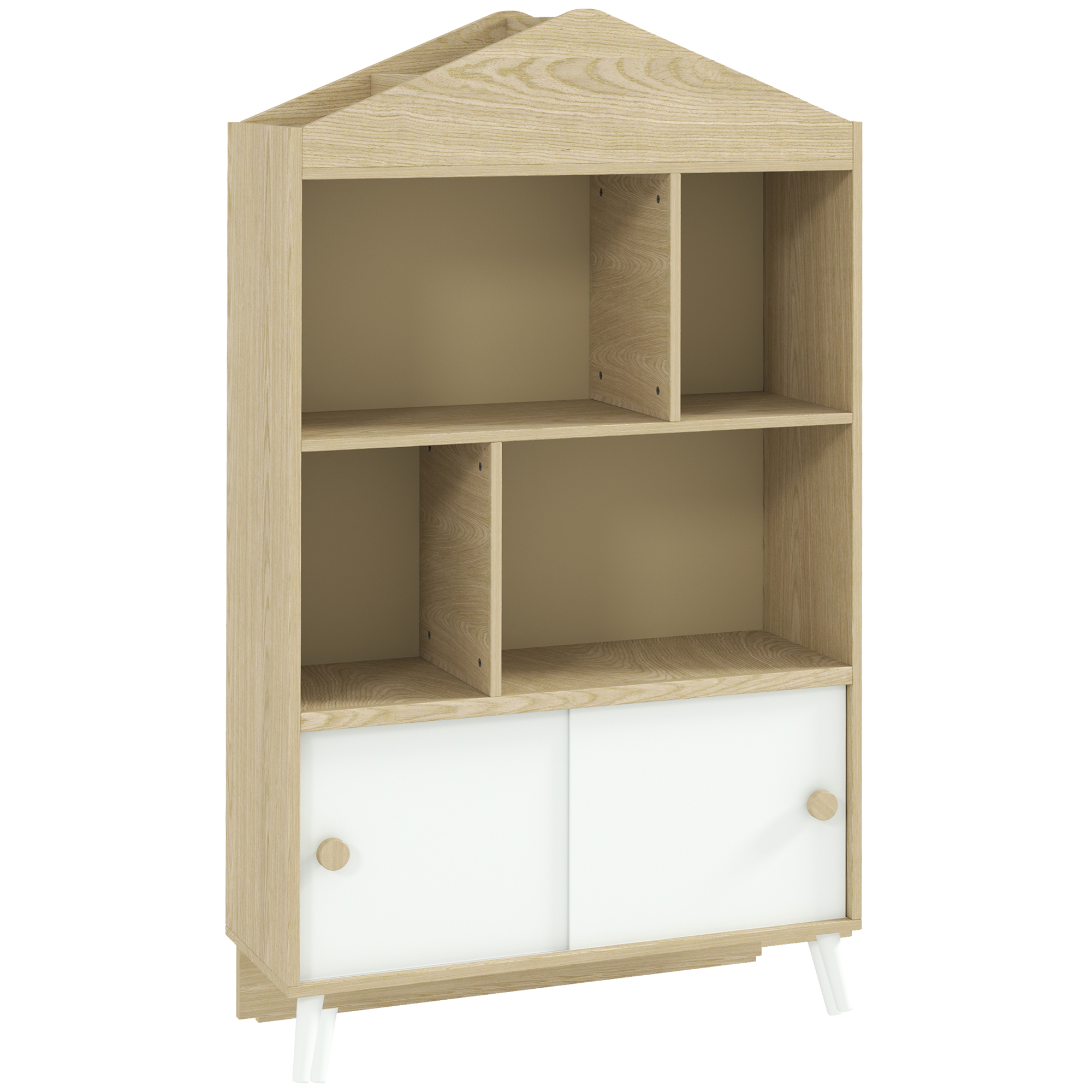 AIYAPLAY Librería Infantil con 4 Compartimentos Estantes Abiertos y Armario 80x30x140,5 cm Blanco y Natural