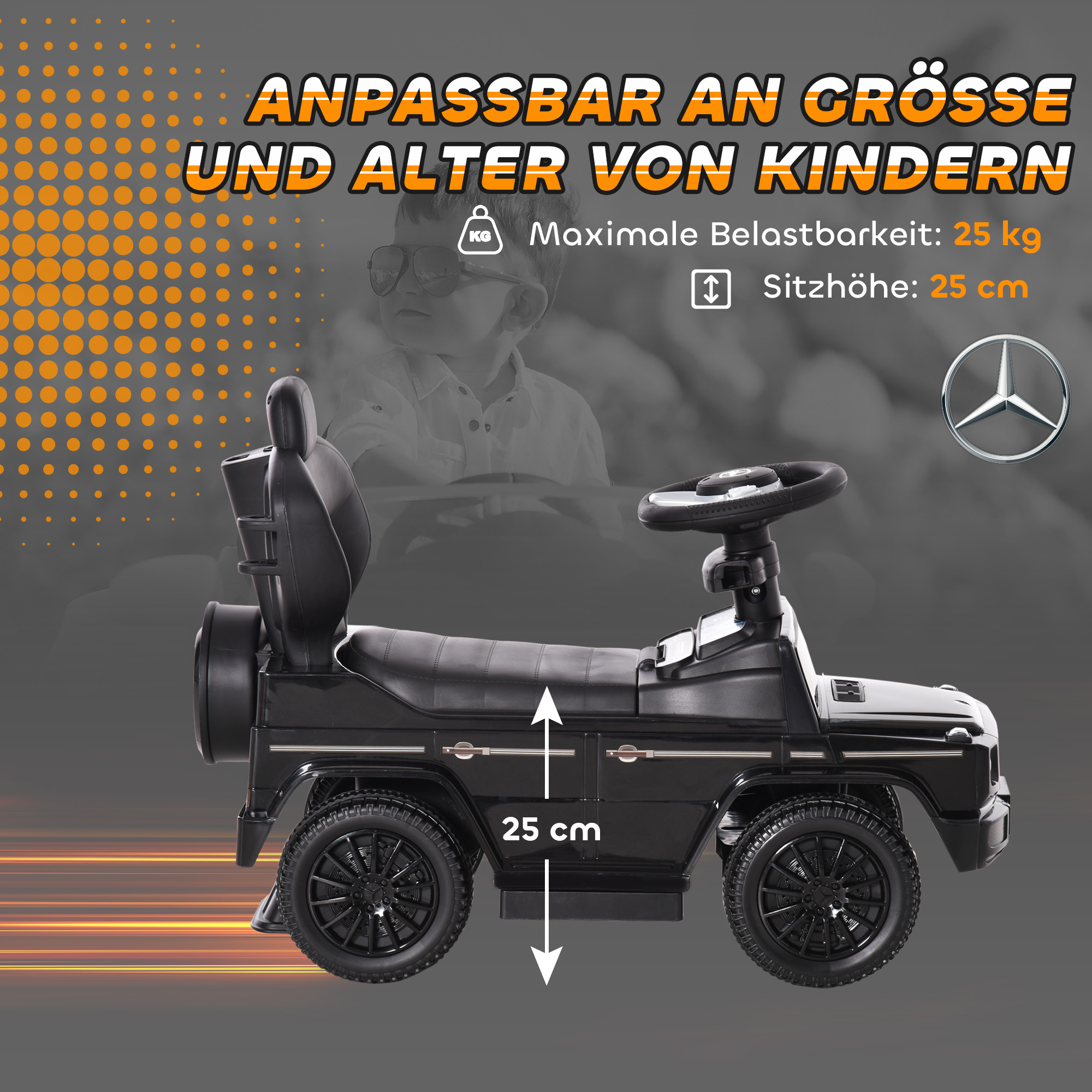 Mercedes-Benz G350 sõiduauto lükkekangiga, 3-ühes sõiduauto rooliga, lastele vanuses 18–36 kuud, must