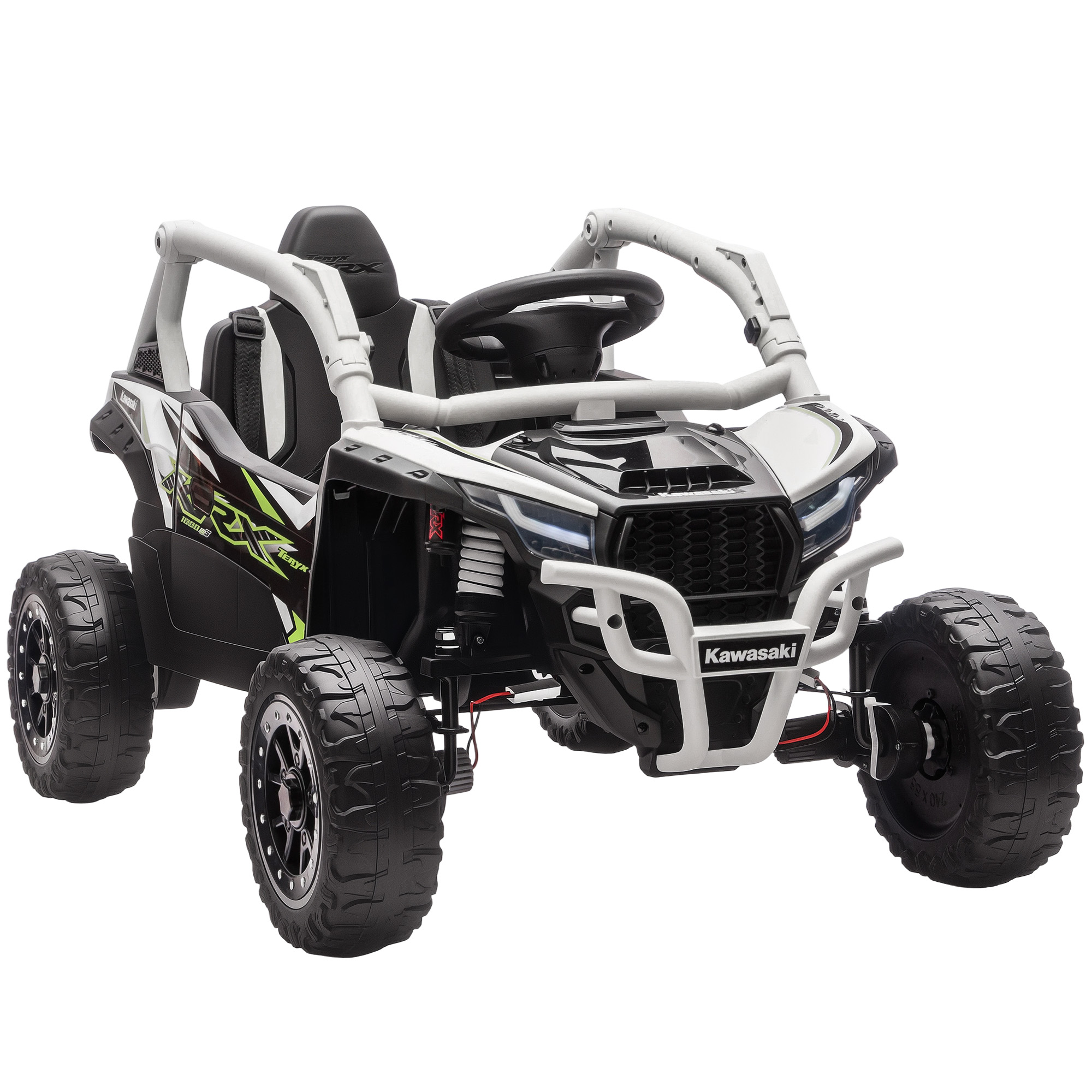 AIYAPLAY Kinder Elektroauto 12V KAWASAKI Kinderauto UTV mit 2 Motorn, 2,4 GHz Fernbedienung, Elektrofahrzeug mit Federungssystem, LED-Leuchten, Musik, Hupe für 3-8 Jahre, Grau Aosom