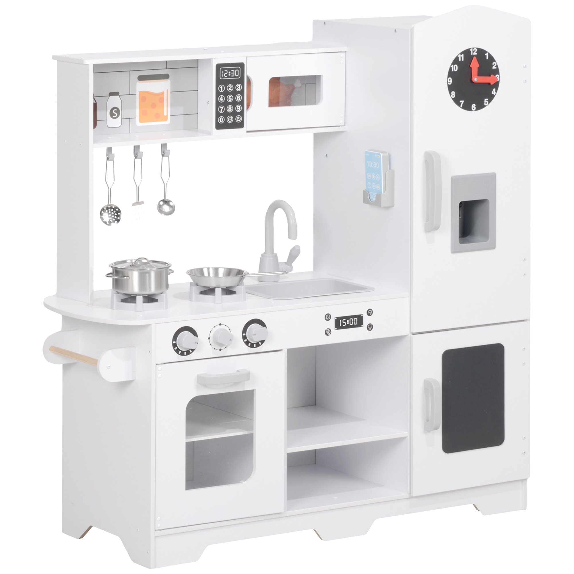 AIYAPLAY Cocina de Madera Infantil con Fogón Grifo Fregadero Microondas Reloj Máquina de Hielo y Accesorios de Cocina Blanco