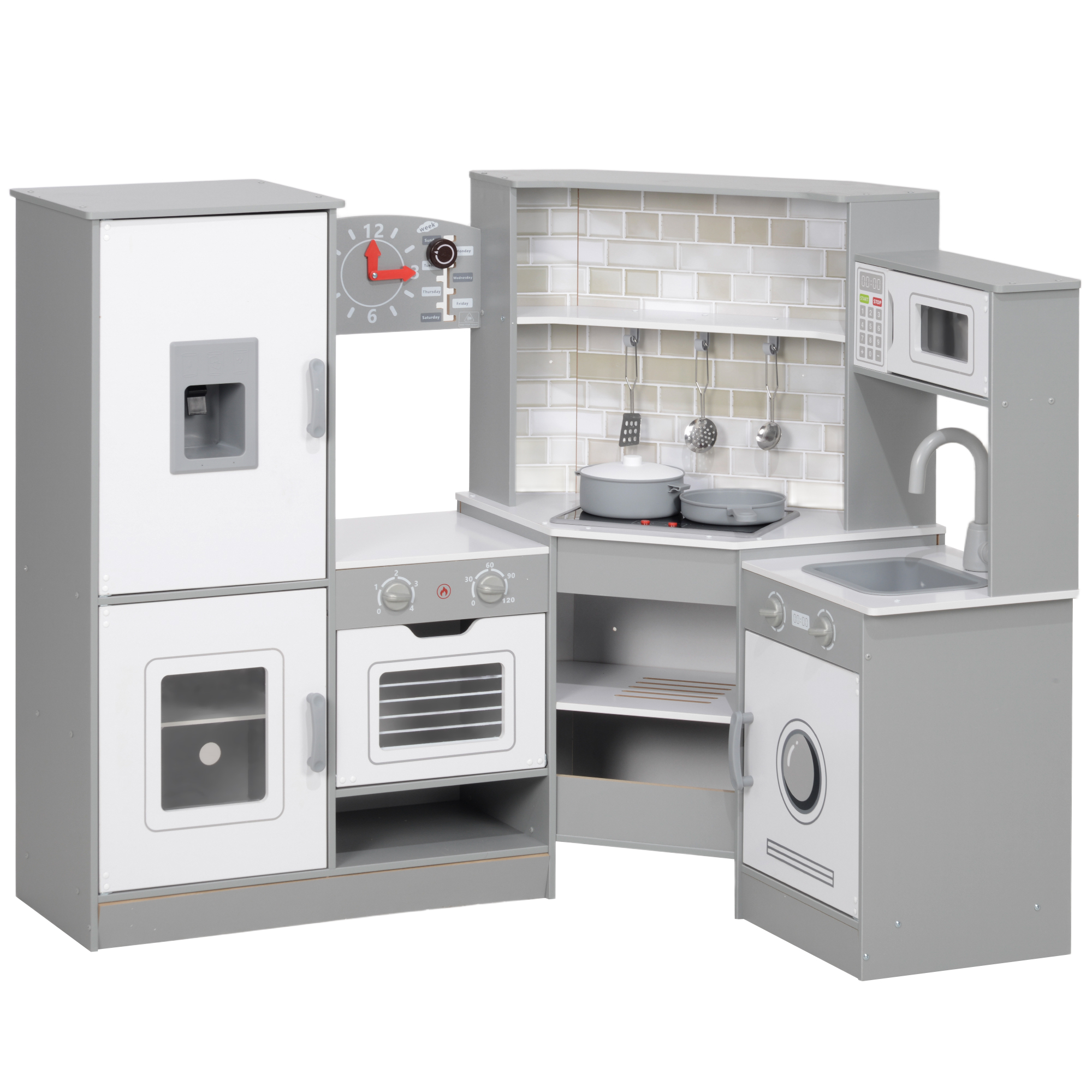 AIYAPLAY Cocinita Infantil con Sonido Fogón Horno Grifo Fregadero Microondas Lavadora Máquina de Hielo y Accesorio de Cocina Gris