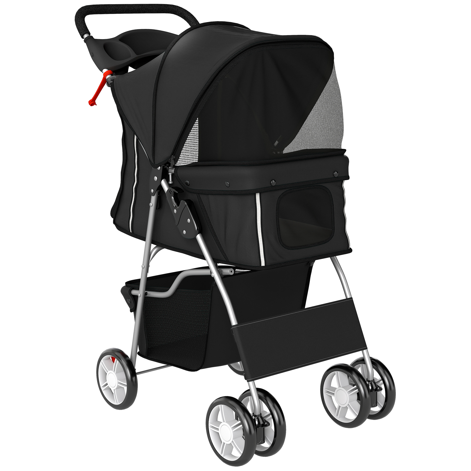 PawHut Dog Pram, Pet Stroller with Reflective Strips, Foldable Cat Stroller with 360° Swivel Wheels, Black (D00-058V02BK)