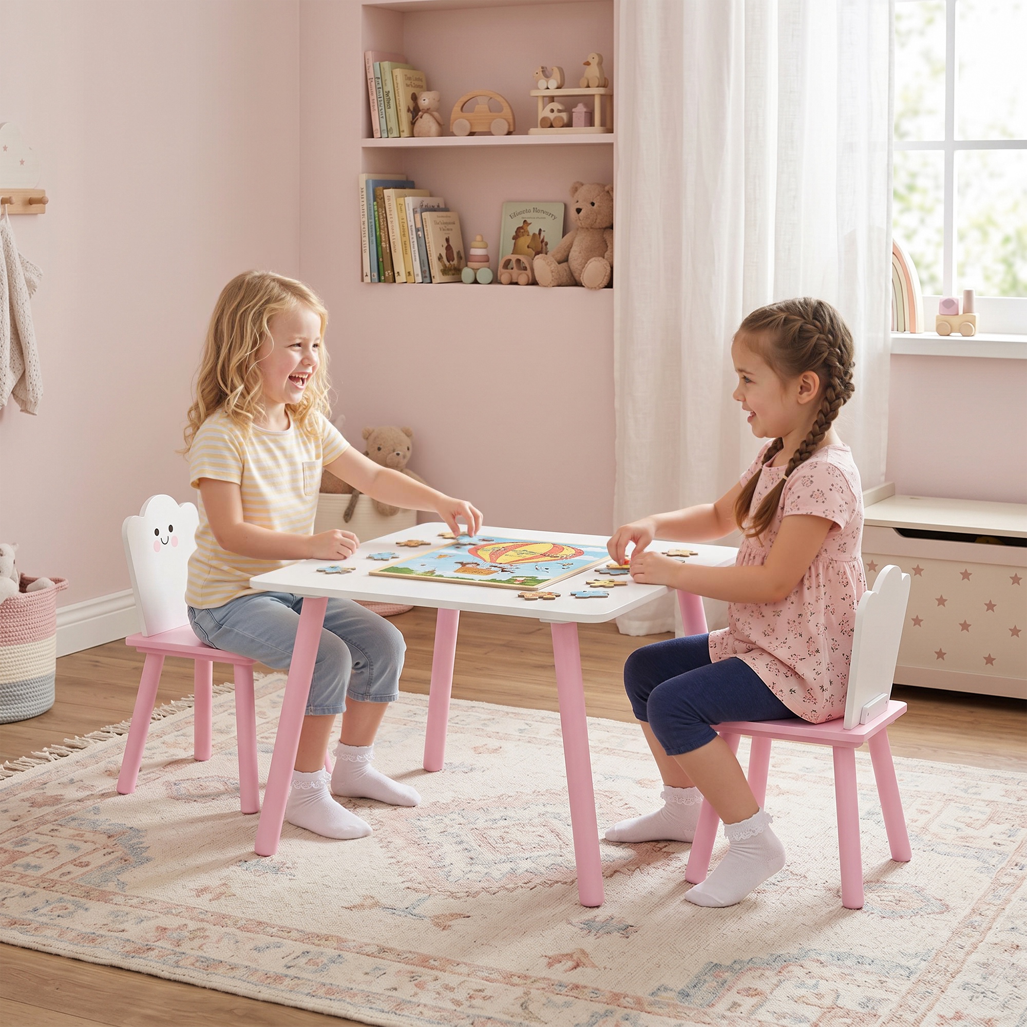 AIYAPLAY Kindertisch mit 2 Stühlen, Kindersitzgruppe mit Zuckerwatte-Design, Holzbeinen Kinder Tisch Stuhl Set für Kinderzimmer, für 3-6 Jahre Kinder, Rosa   Aosom