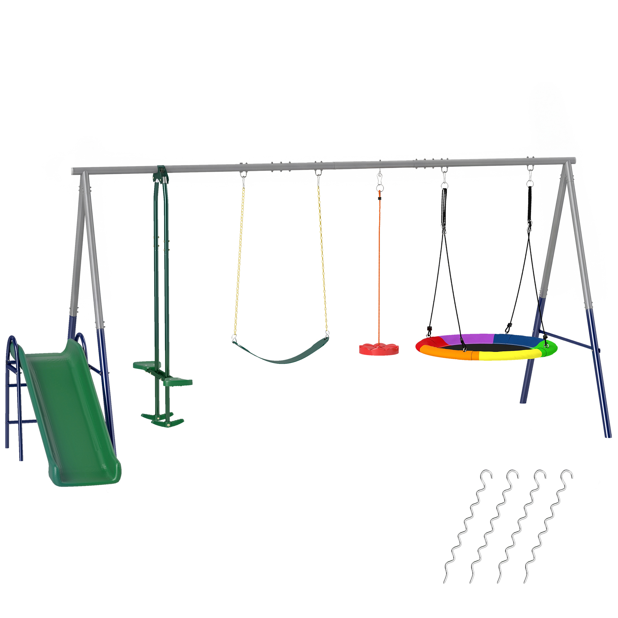 AIYAPLAY 5 in 1 schommelrek met glijbaan in hoogte verstelbaar schommelrek met nestschommel 382×196 x203 cm Meerkleurig