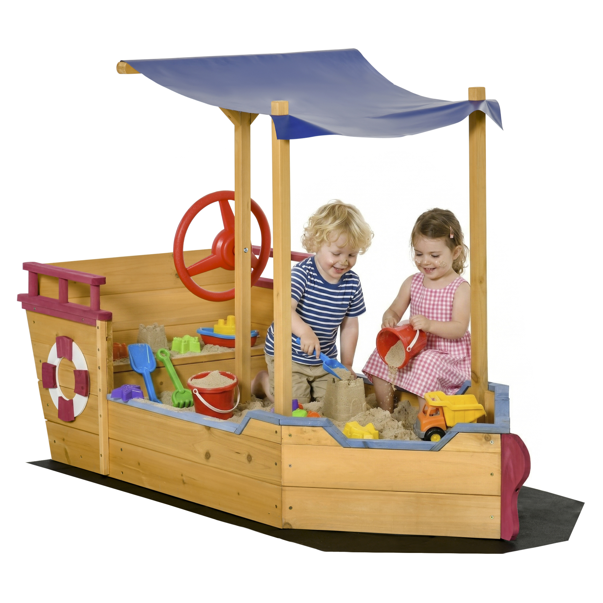 Outsunny Kids Wooden Sandbox Play Station, Covered Children Sand boat Outdoor, for Backyard, w/ Canopy Shade, Aged 3-8 Years Old, Orange Aosom UK
