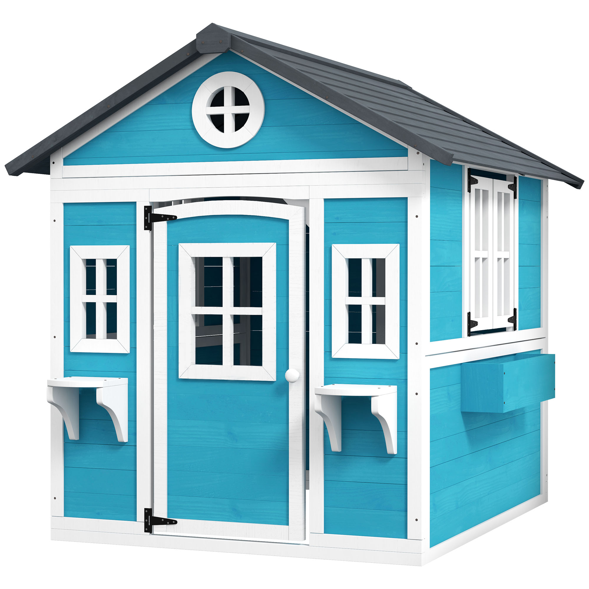 Outsunny Kinderspielhaus aus Holz Spielhaus Outdoor mit Fenster, Blumenregal, Pflanzenkasten und Tür Gartenhaus für Kinder 3-8 Jahre Blau Aosom
