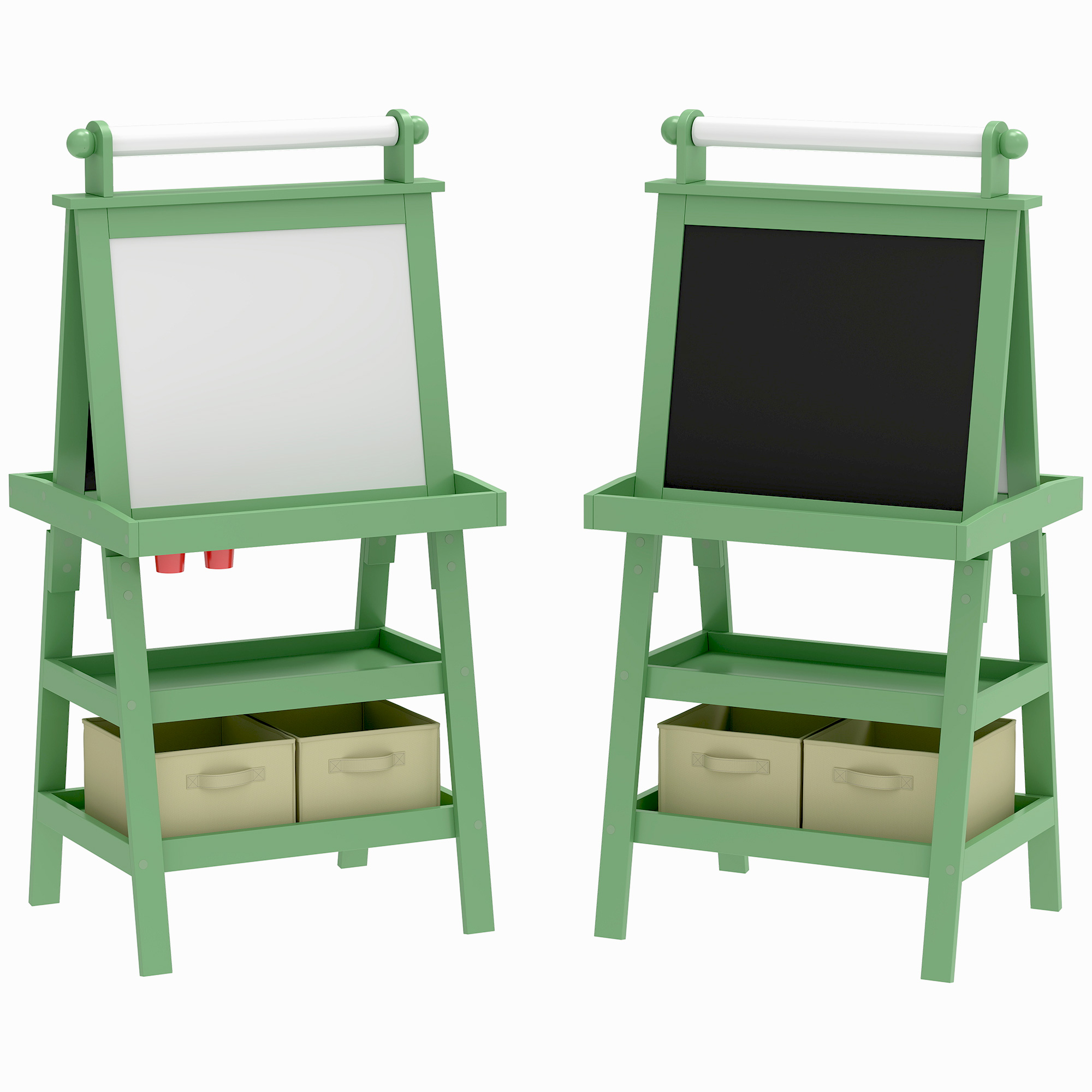 AIYAPLAY 3 in 1 Kids Art Easel, Double-Sided Magnetic Whiteboard and Chalkboard with Paper Roll, Storage Baskets, Painting Easel for Kids, Green Aosom UK