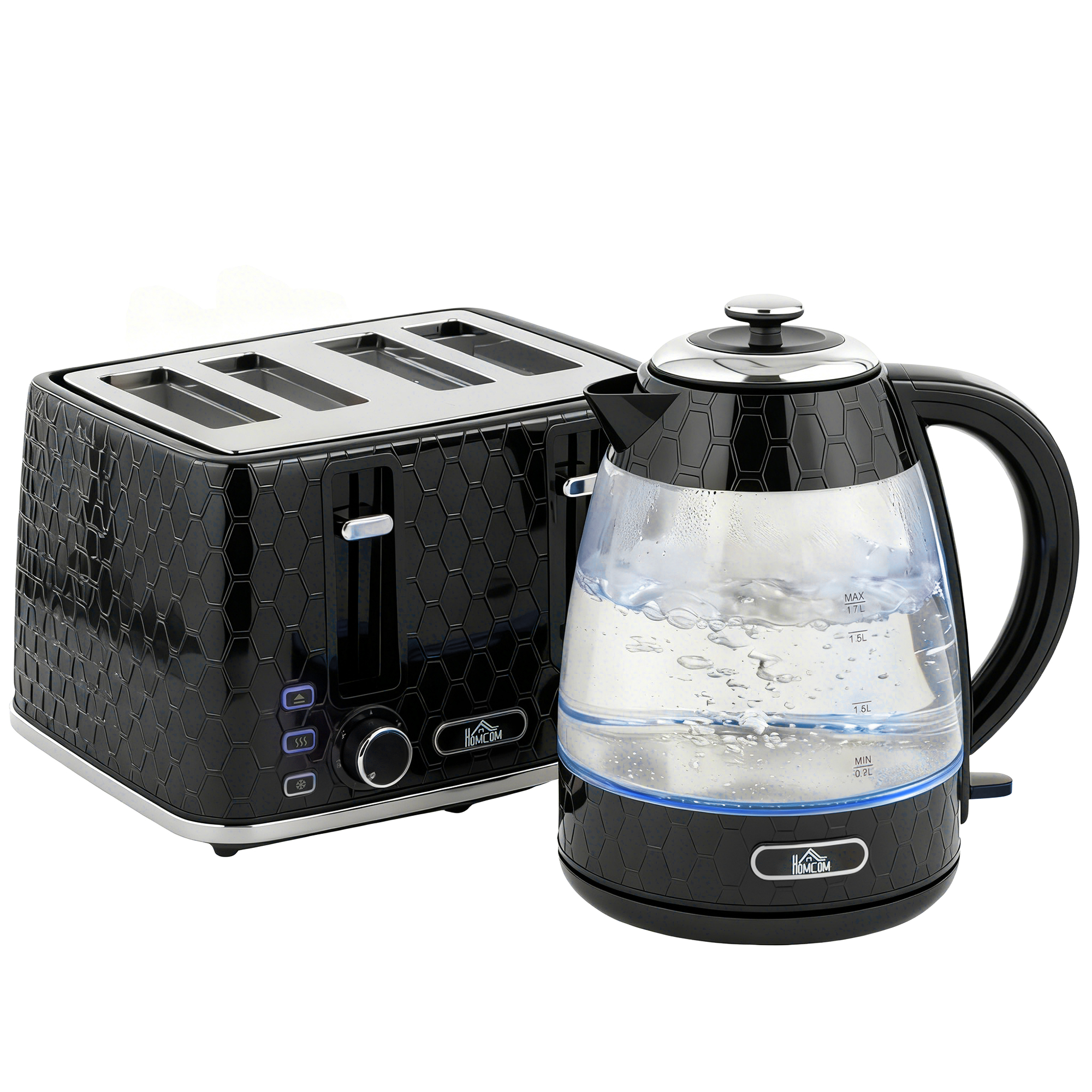 HOMCOM Kettle and Toaster Set, 1.7L 3000W Rapid Kettle with Strix Thermostat, 4 Slice Toaster with 7 Browning Controls, Black HOMCOM Kettle and Toaster Set, 1.7L 3000W Rapid Kettle with Strix Thermostat, 4 Slice Toaster with 7 Browning Controls, Black
