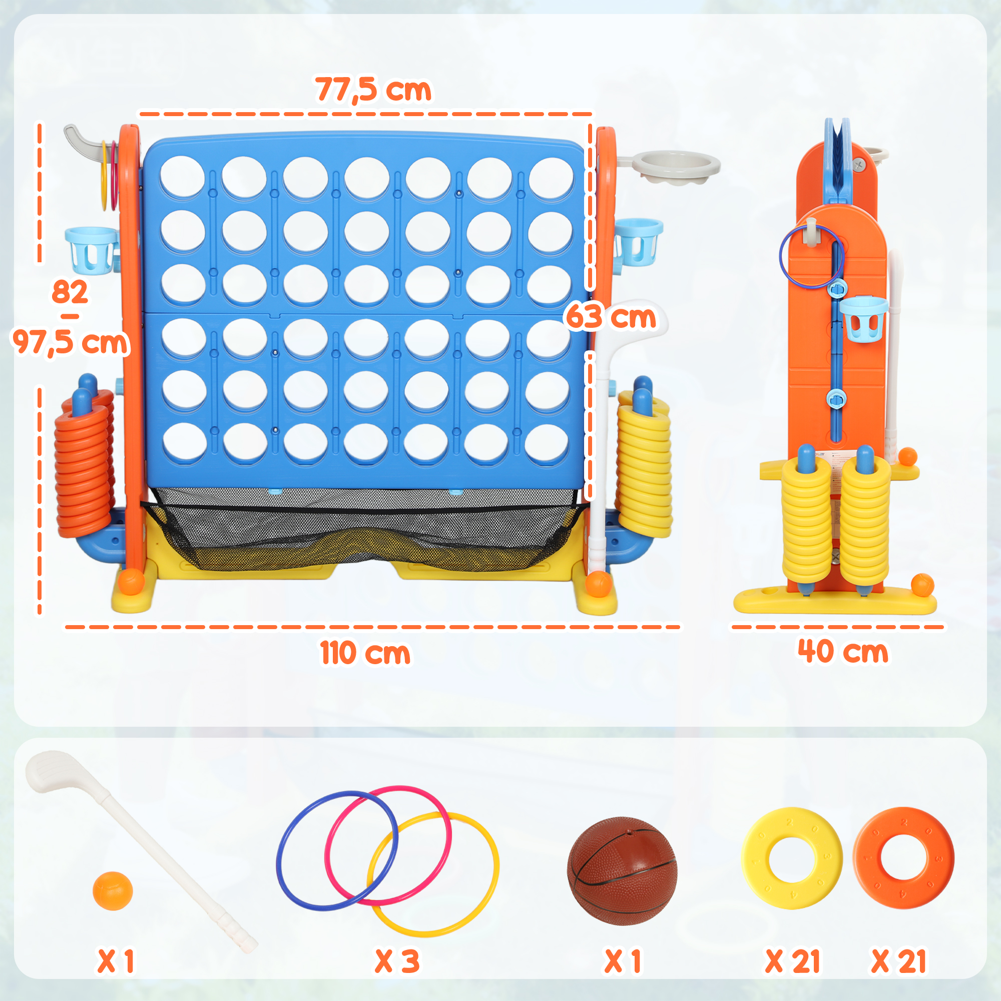 4-ühes mängukomplekt, Connect Four, kõrguse reguleerimise võimalus, võrkkott, plastik, värviline
