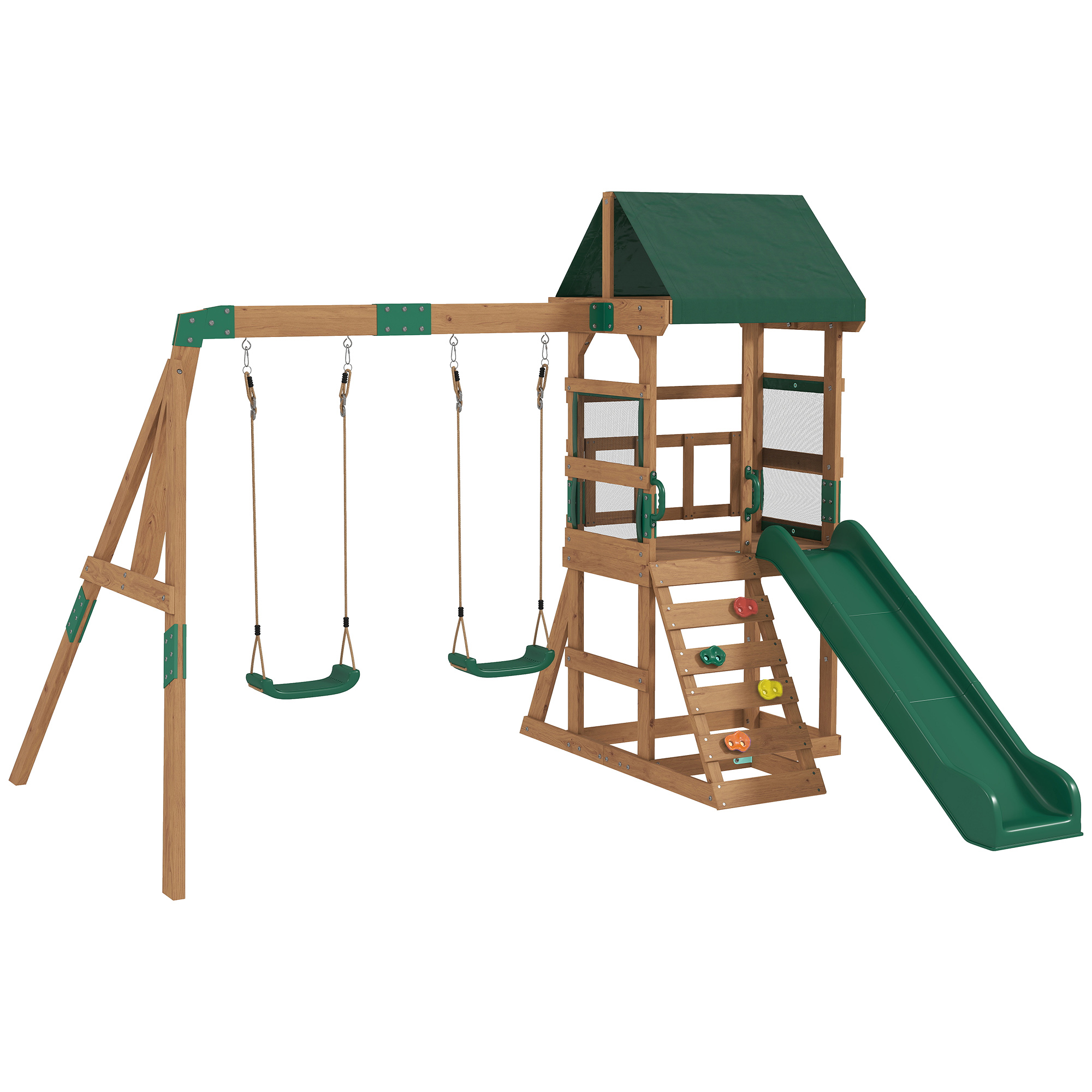 AIYAPLAY Spielturm Klettergerüst Schaukelgestell mit 194,5cm Rutsche, 2 Schaukeln, Kletterwand, überdachtem Oberdeck Outdoor Kinder Kletterturm aus Holz Spielhaus für 3-8 Jahre Kinder 315x284x233 cm Aosom