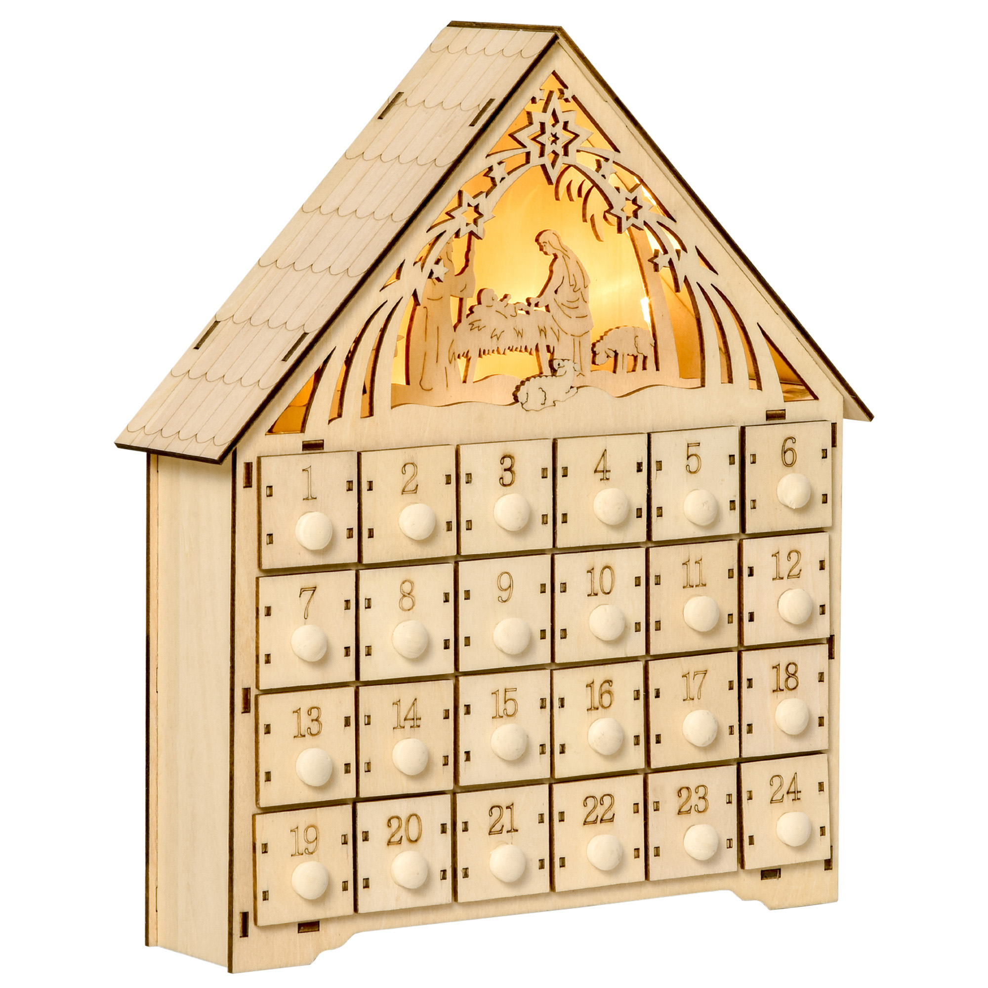HOMCOM Adventskalender zum Befüllen 24 Schubladen Fächer Weihnachtskalender mit LED-Lichtern Adventskalenderbox Weihnachtsdekoration DIY MDF-Platte Naturholz 26,6 x 6 x 30 cm Aosom