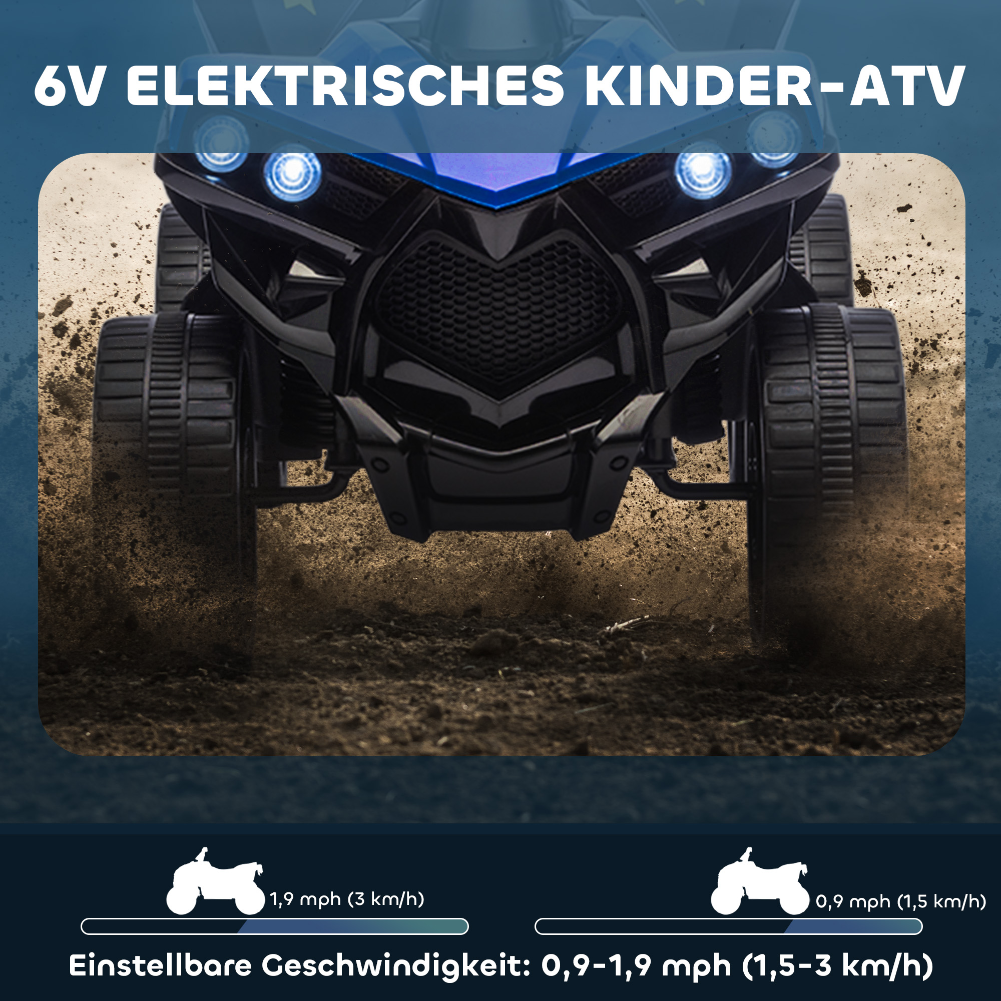 Laste elektriline ATV 6V edasi- ja tagasiliikumise funktsiooniga, muusikaga, LED-esituledega, sinine
