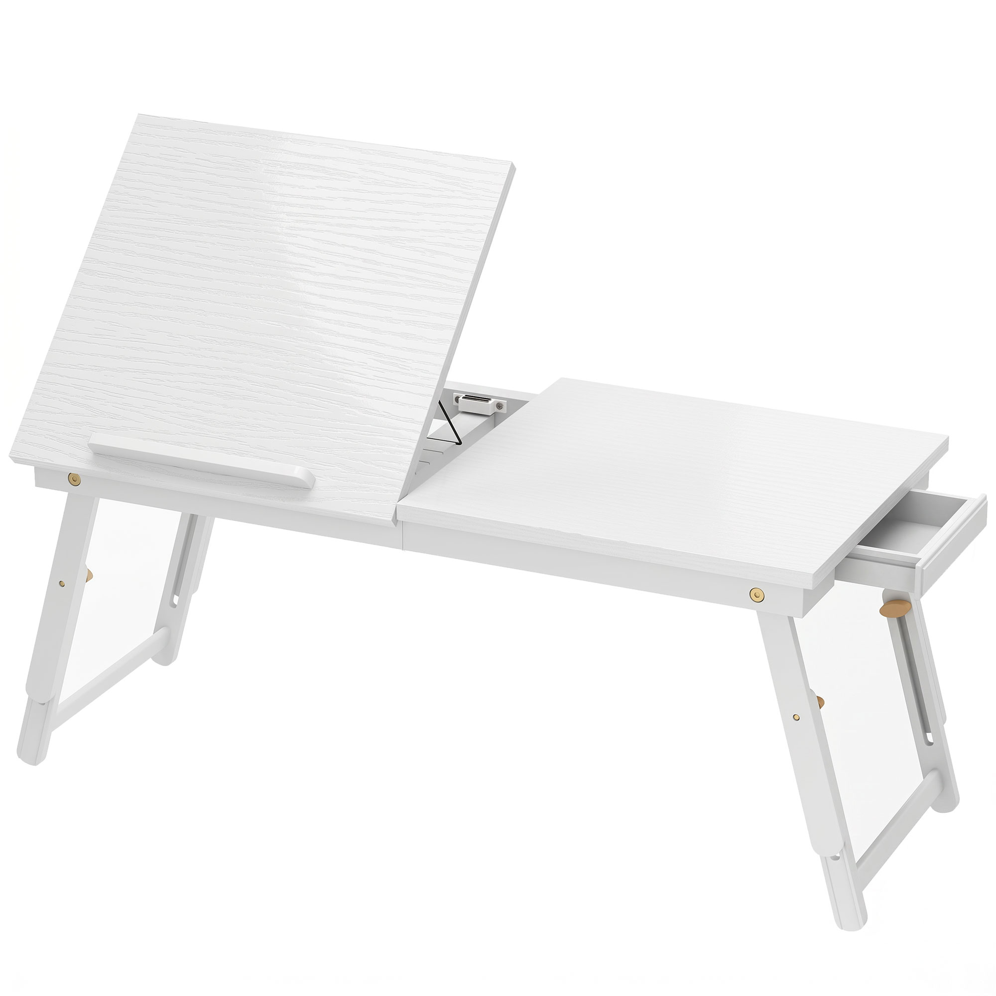 HOMCOM Table de lit pliable et réglable, plateau de lit pour ordinateur portable en bambou plateau inclinable 83,5x33x34cm blanc