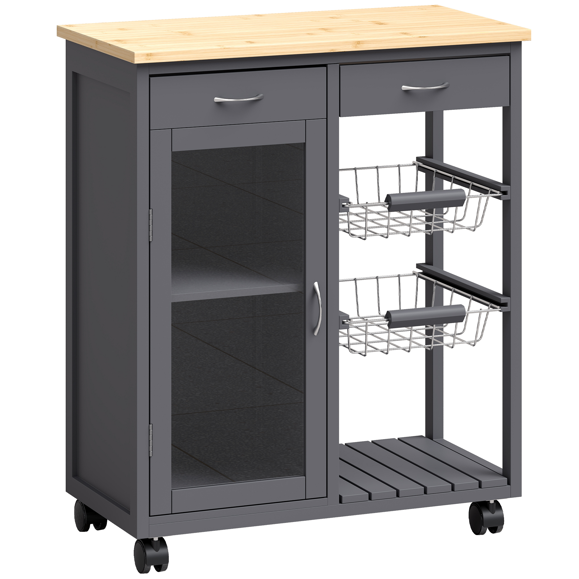 Homcom Grey Bamboo Kitchen Island, Rolling Kitchen Trolley With Glass Door, 2 Metal Wire Baskets And Adjustable Shelf,