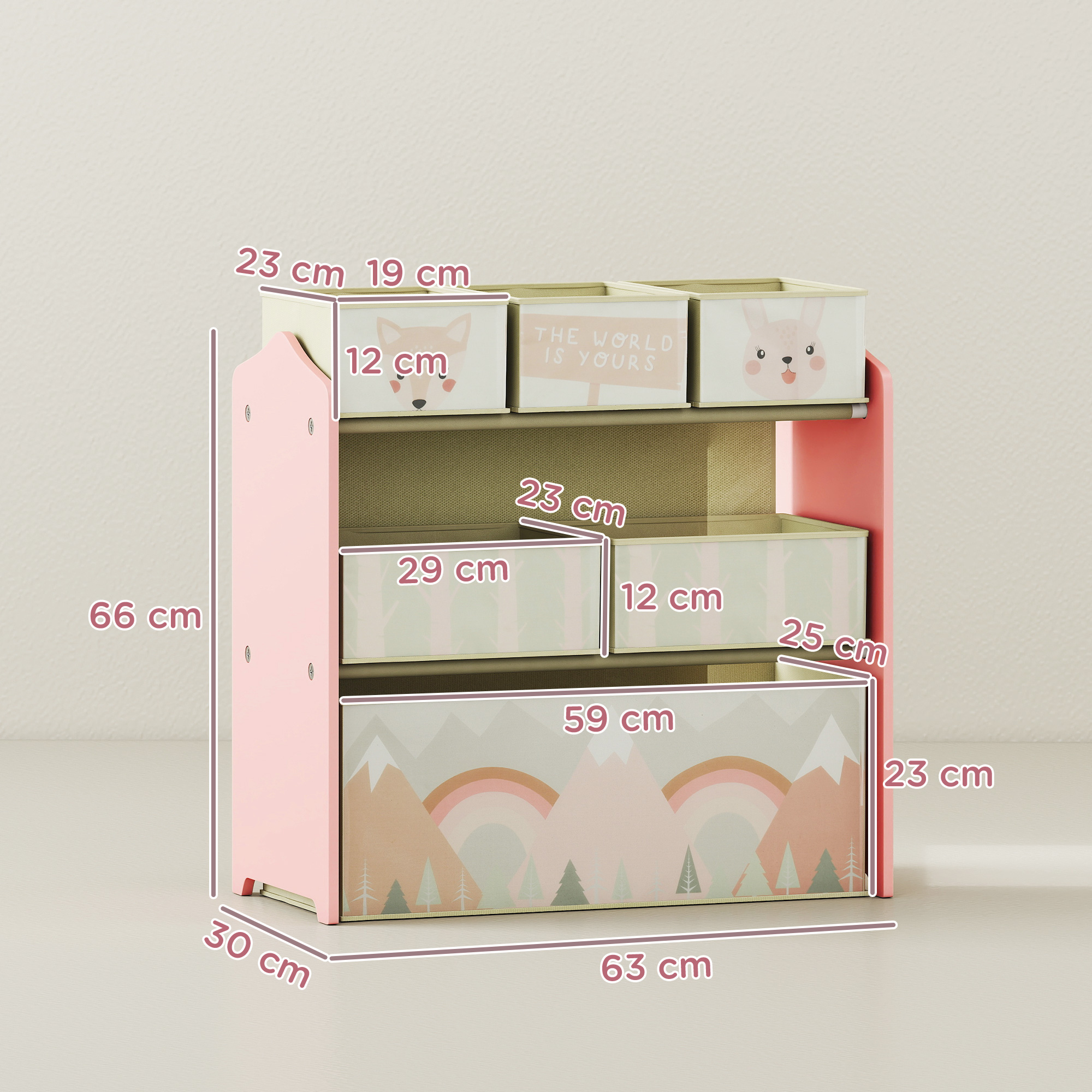 Laste riidekapp 6 riidest kastiga, armas disain, 63x30x66 cm, roosa