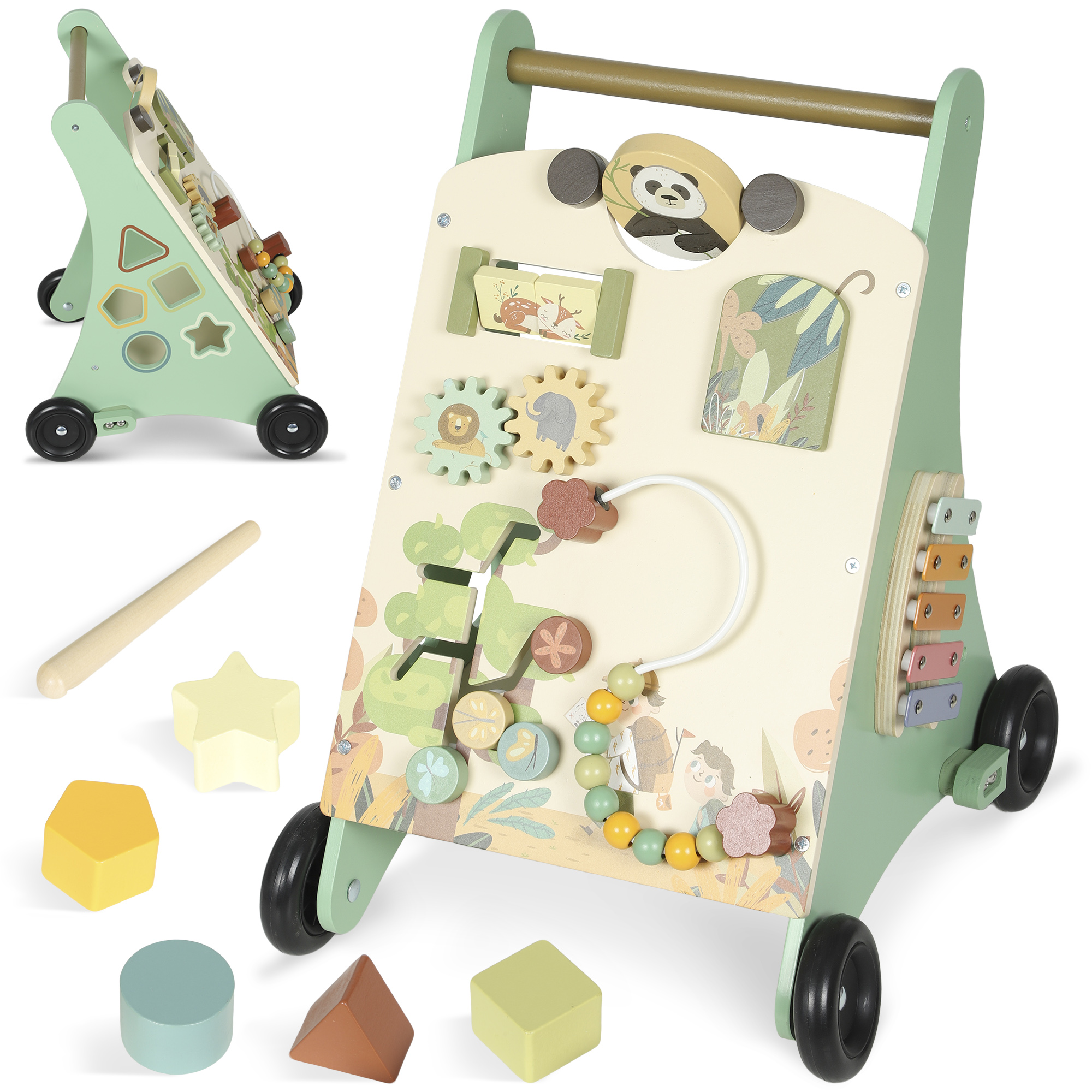 Walker Wooden Montessori Walker with Speed Control, Xylophone, Gears and Bead Maze Green