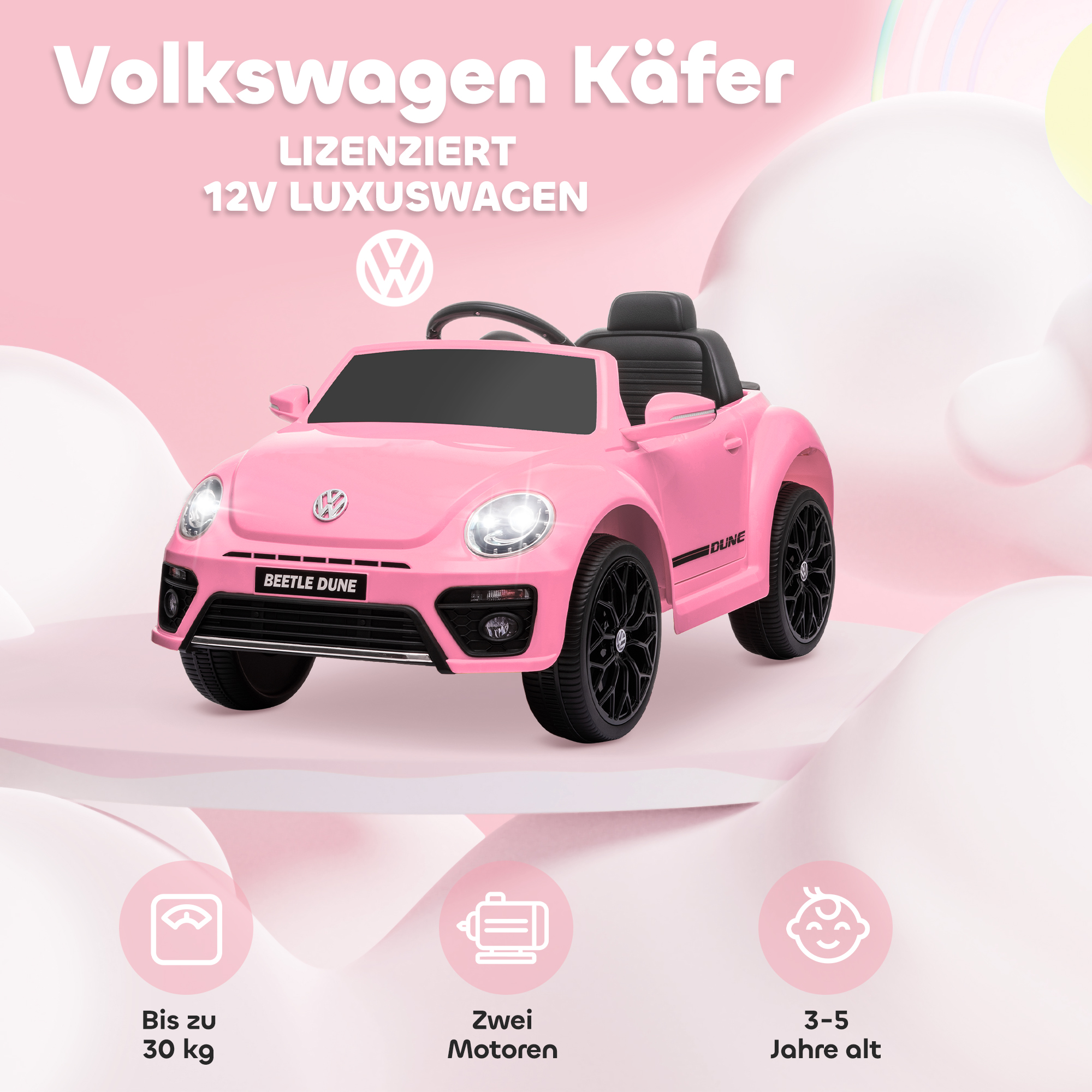 Elektriline laste sõiduauto, VW Beetle, 3-5 km/h, puldi ja muusikaga, roosa