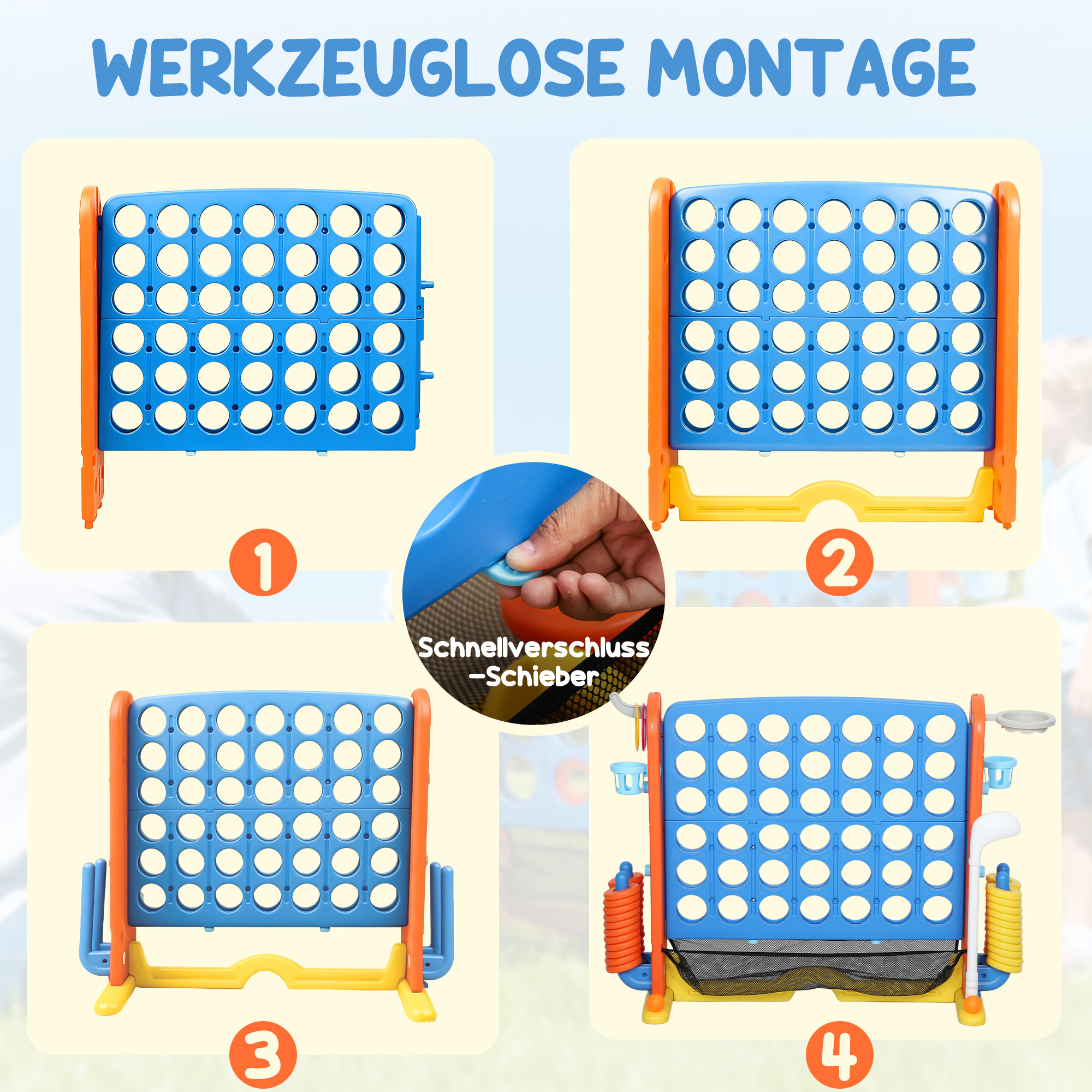4-ühes mängukomplekt, Connect Four, kõrguse reguleerimise võimalus, võrkkott, plastik, värviline