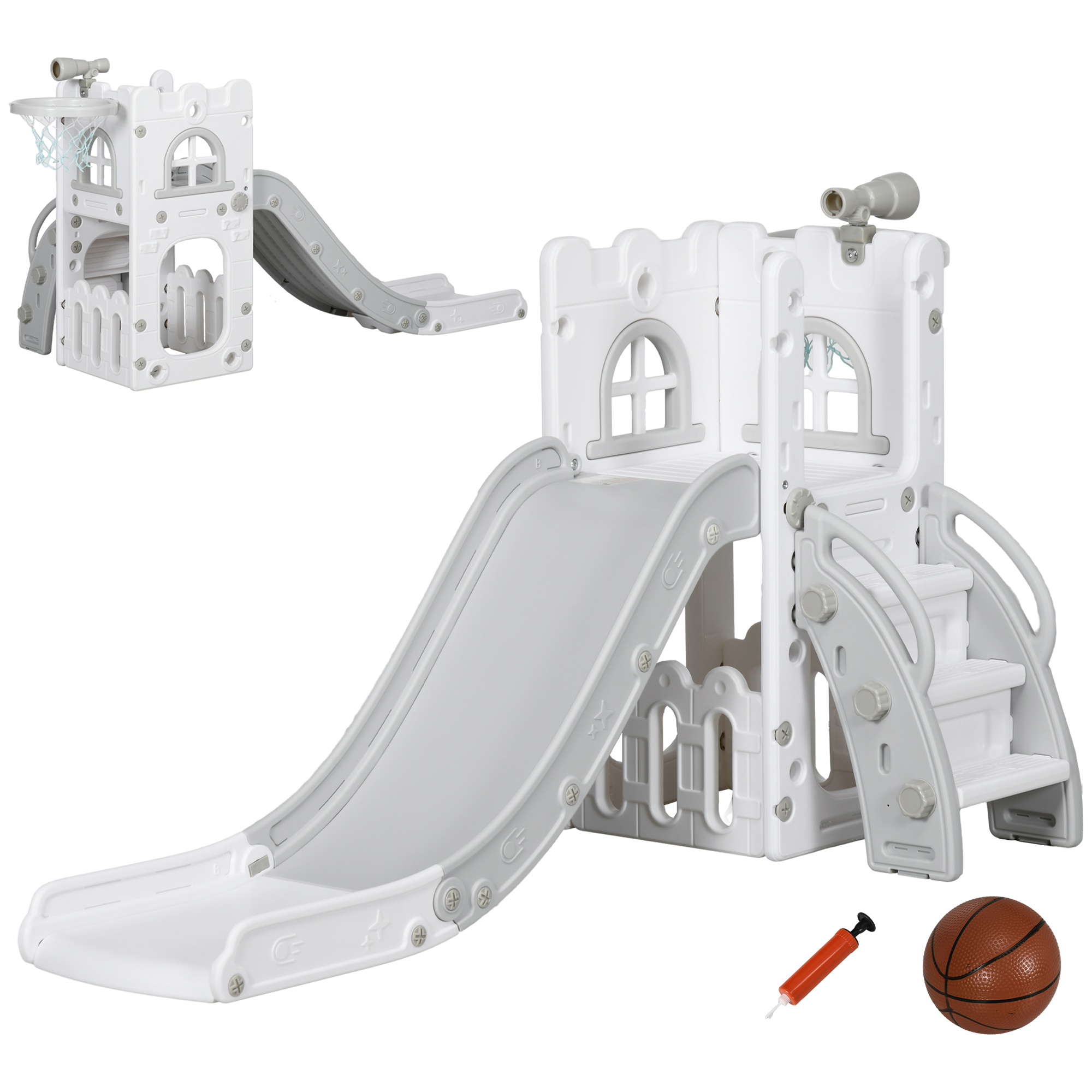 Kinderrutsche, 5 in 1, Kleinkinderrutsche mit Basketballkorb, Teleskop Klettergerüst Grau 70 x 177 x 92 cm